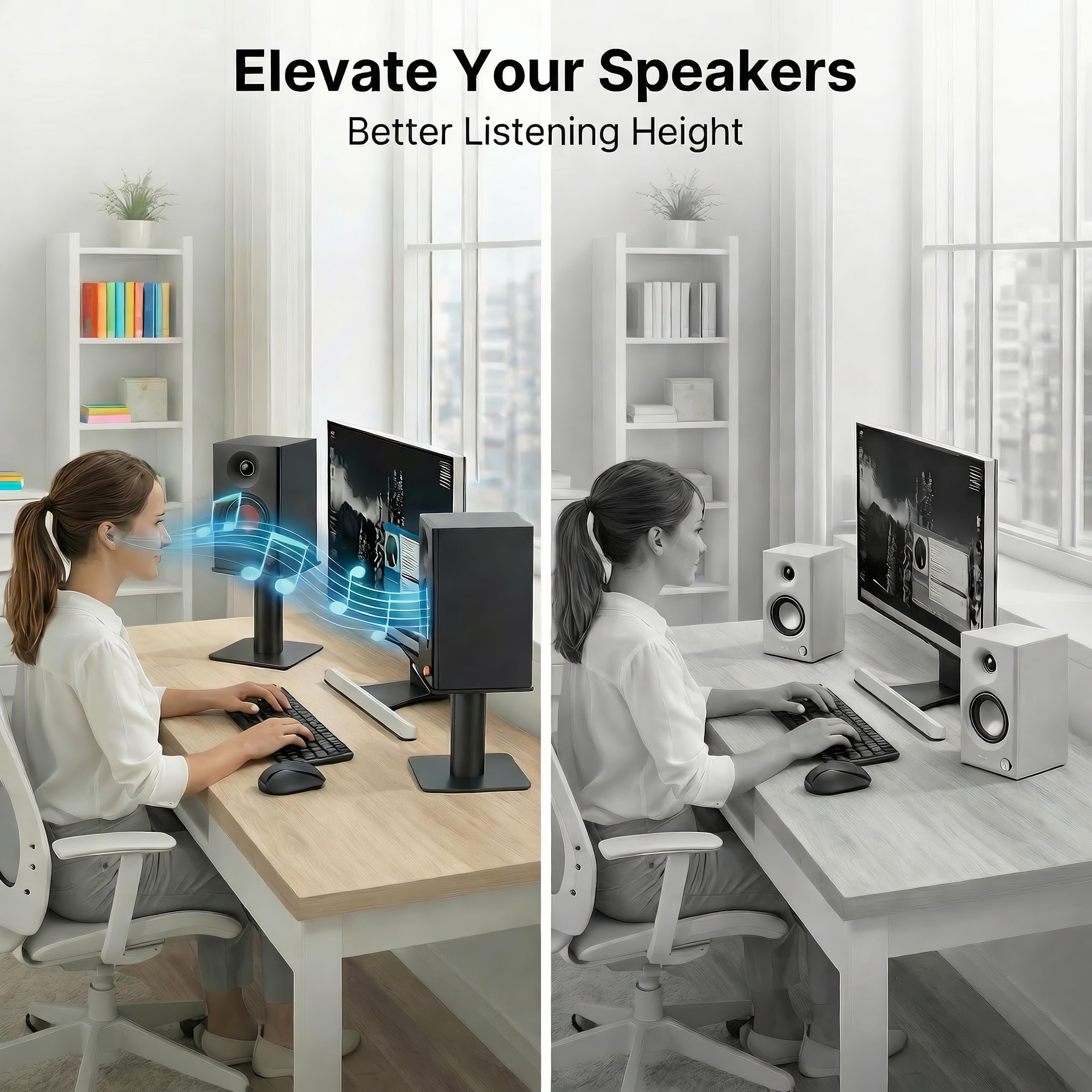 5-8 Inch Desktop Speaker Stands with Cable Management, 25kg Heavy Duty Steel Desk Speaker Stand for Bookshelf Speakers & Studio Monitors, Stable Desktop Speaker Stand Pair, Cleaner Desk Audio Setup - 4