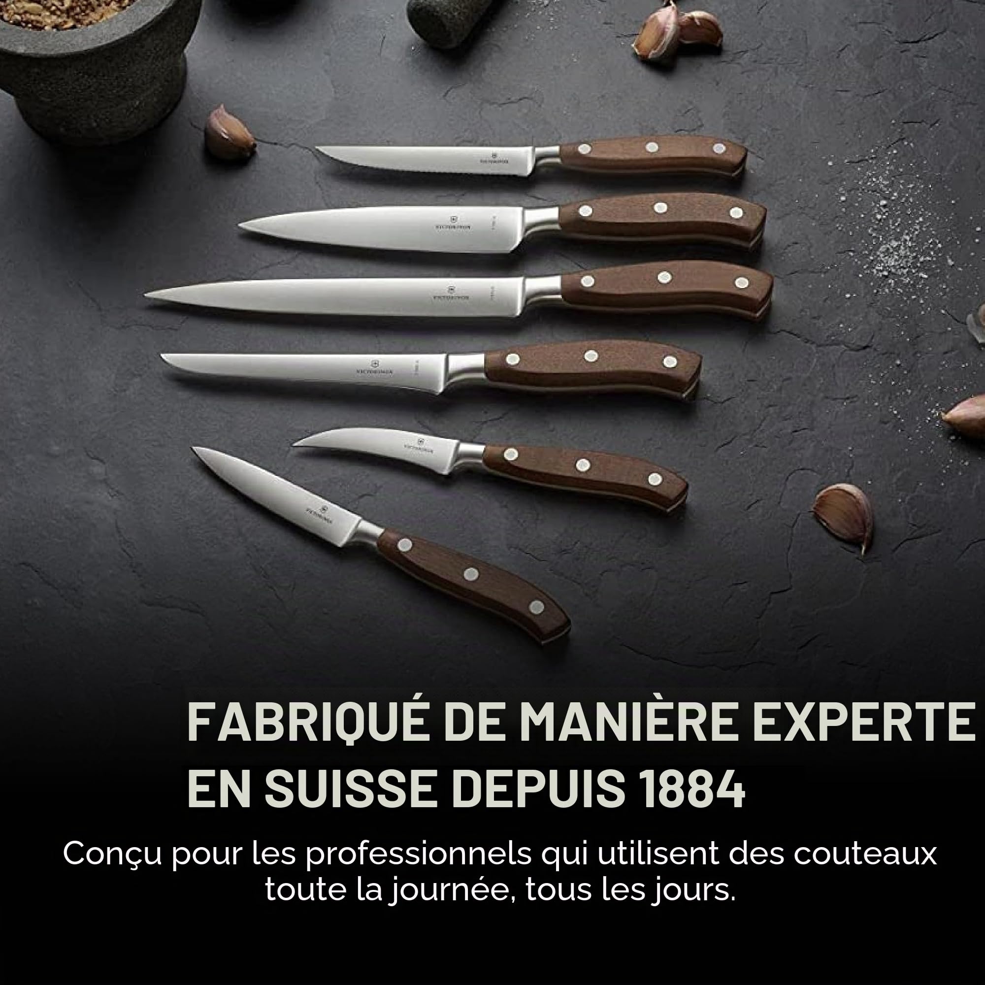 Victorinox Wood, Couteau à trancher professionnel, Lame extra-tranchante, tranchant droit, 22 cm, Manche en bois noble, Acier inoxydable, brun