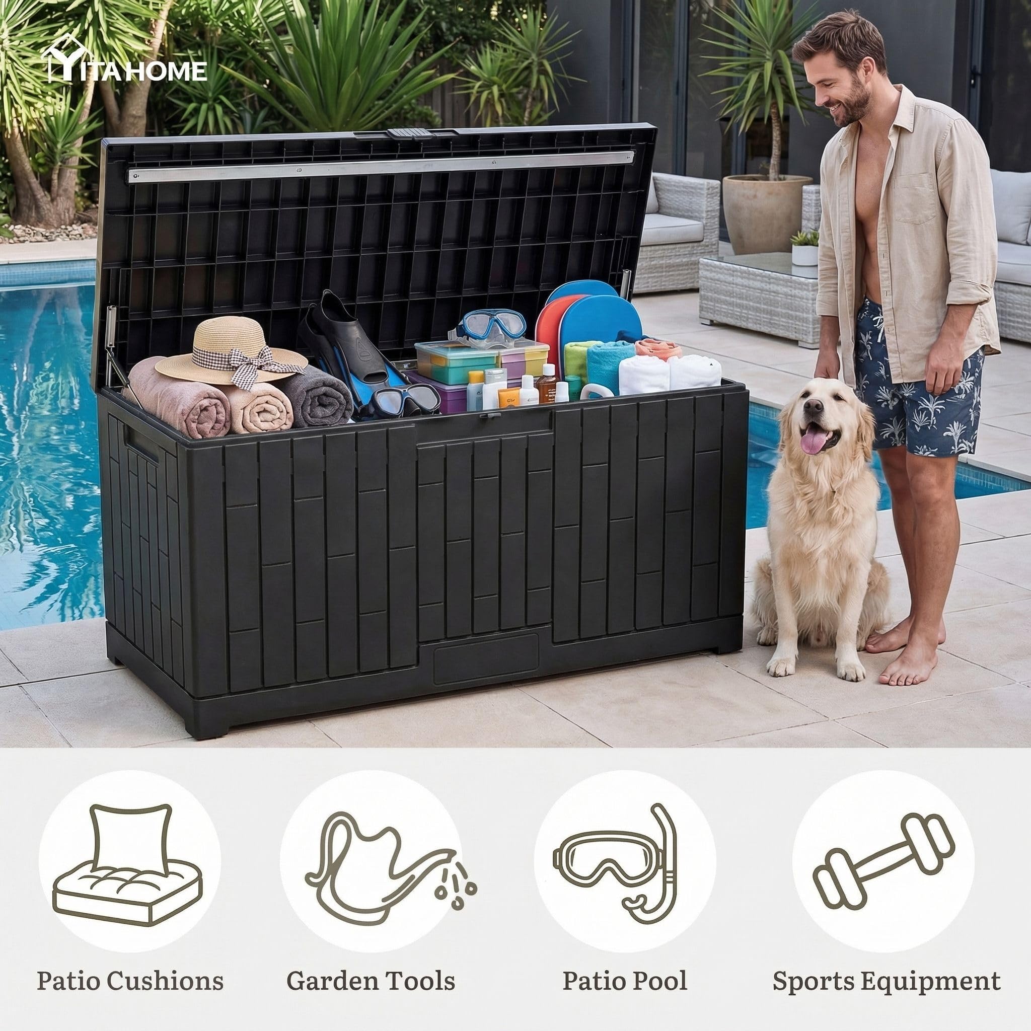 YITAHOME Arcón de Ordenación Exterior de 450L, Gran Resina Caja de Almacenaje de Jardín para Cojines de Exterior, Material de Piscina