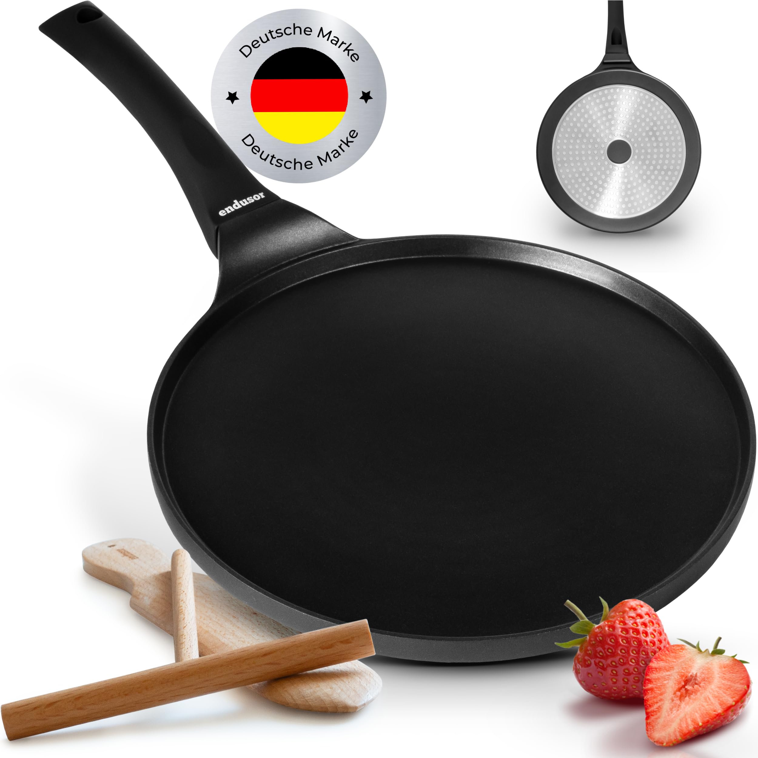 endusor Crepe Pfanne Induktion 26cm mit 3-facher Antihaftbeschichtung inkl. Spatel & Verteiler aus deutschem Buchenholz- Pfannkuchenpfanne für ALLE Herdarten - Flache Crepes Pfanne (OHNE PFOA + PFOS)