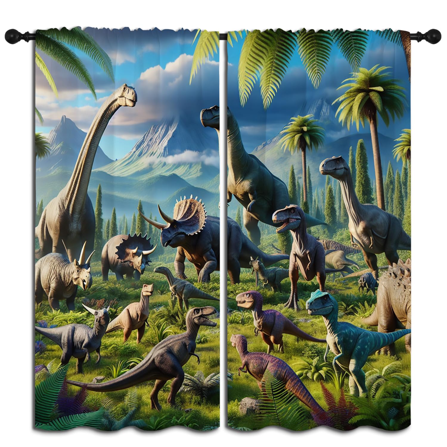 BAIGEZHU 3D Dinosaur Boy Girls Blackout Curtains,Jurassic Primeval Forest Wildlife Animal Dino Group, 2 Panel Rod Pocket Thermal Insulated Drapes for