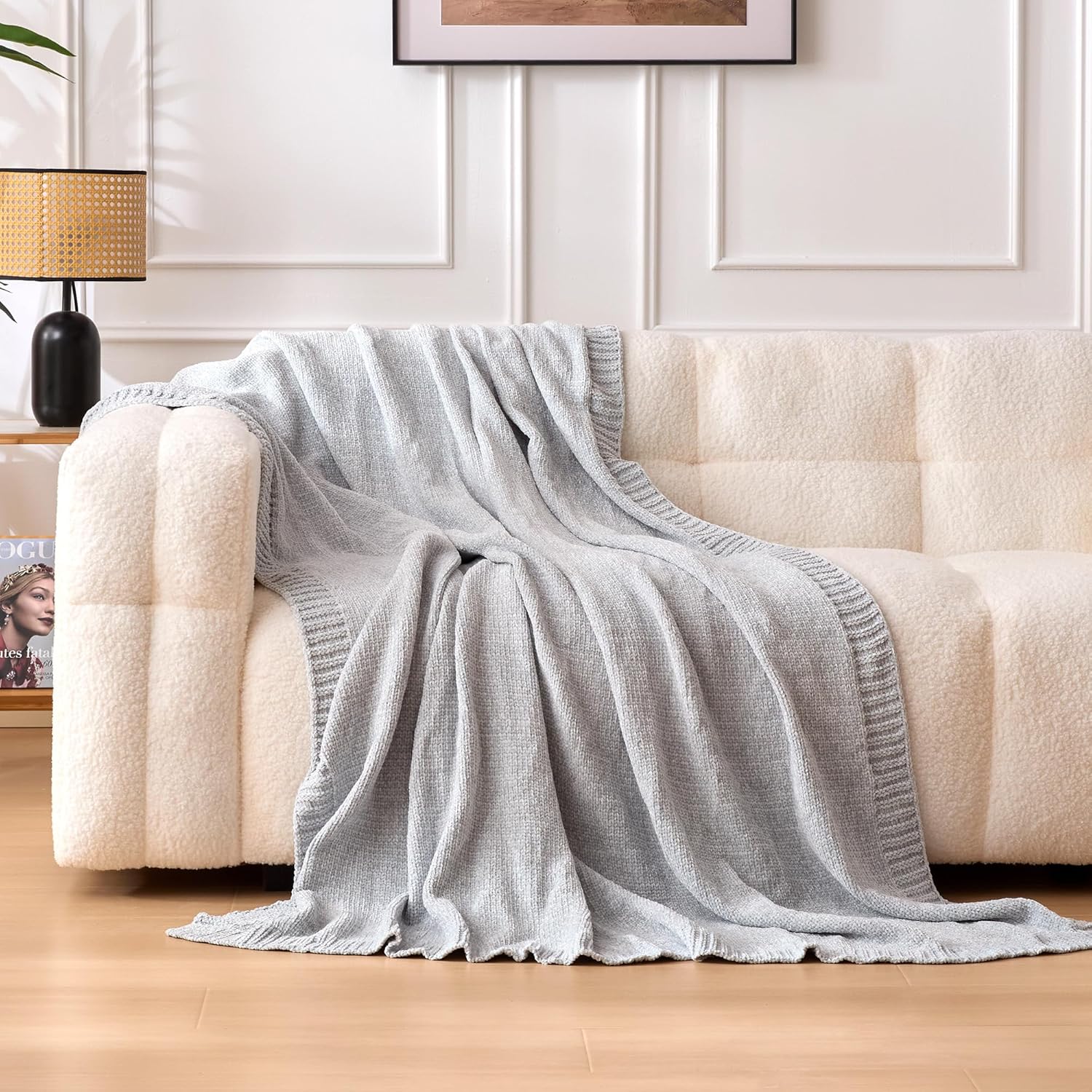 amazon basics chunky chenille knit microfiber throw blanket for couch, bed and sofa, soft and warm lightweight jersey, 60"×80", grey grey 60×80in.