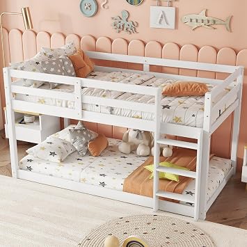 Twin Low Bunk Bed for Kids, Floor Bunk Beds Twin Over Twin with Integrated Ladder & Full Guardrails, Wood Bunked with Strengthened Slats for Boys, Girls, Bedroom, No Box Spring Needed, White