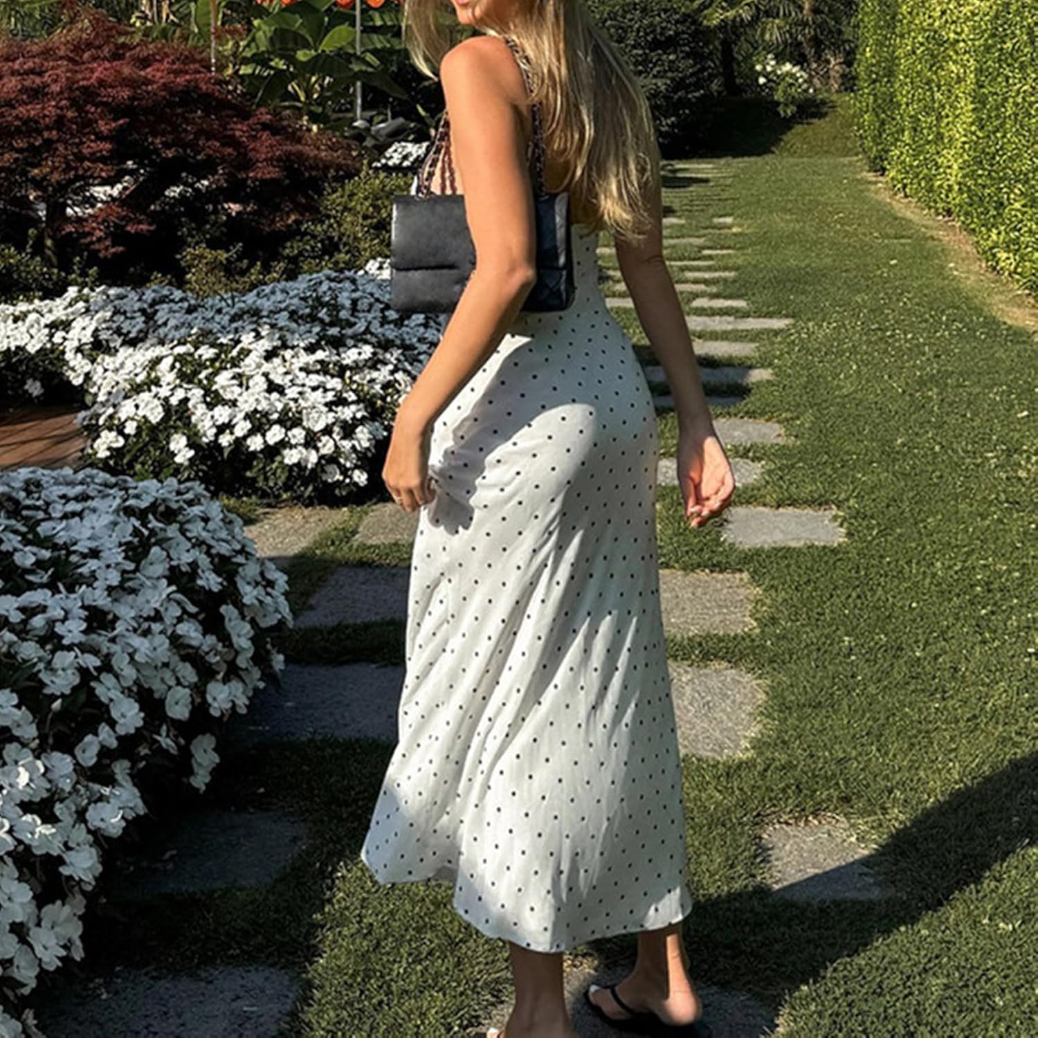 Women's Sexy Lace V Neck Polka Dot Sleeveless Flowy Long Maxi Dress Elegant Cocktail Party Gown Vacation Dresses