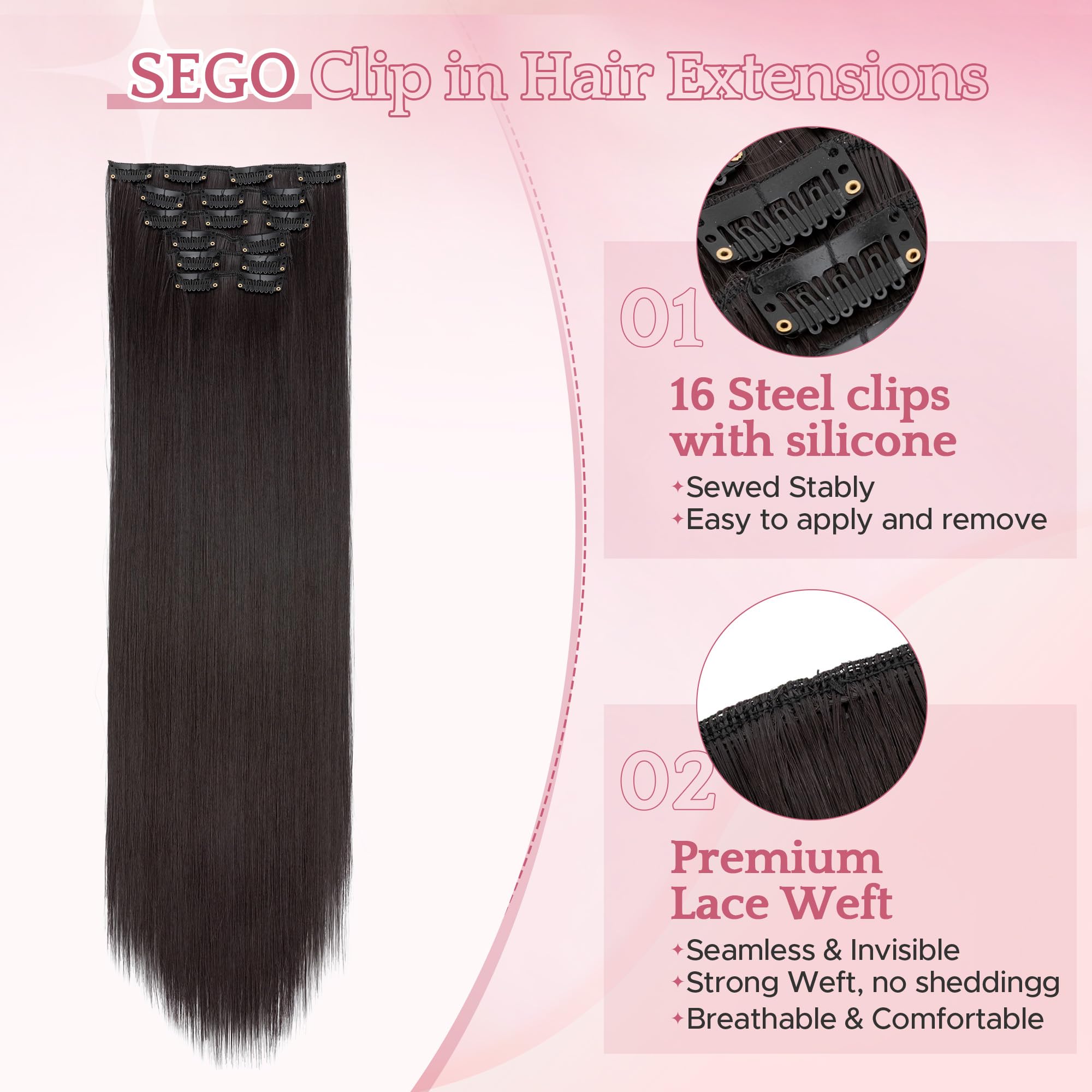 SEGO Clip In Hair Extensions 24 Inch 6PCS Thick Clip In Hair Hairpieces 150g Long Straight Hair Extension Synthetic Full Head for Women Natural Black - Image 2