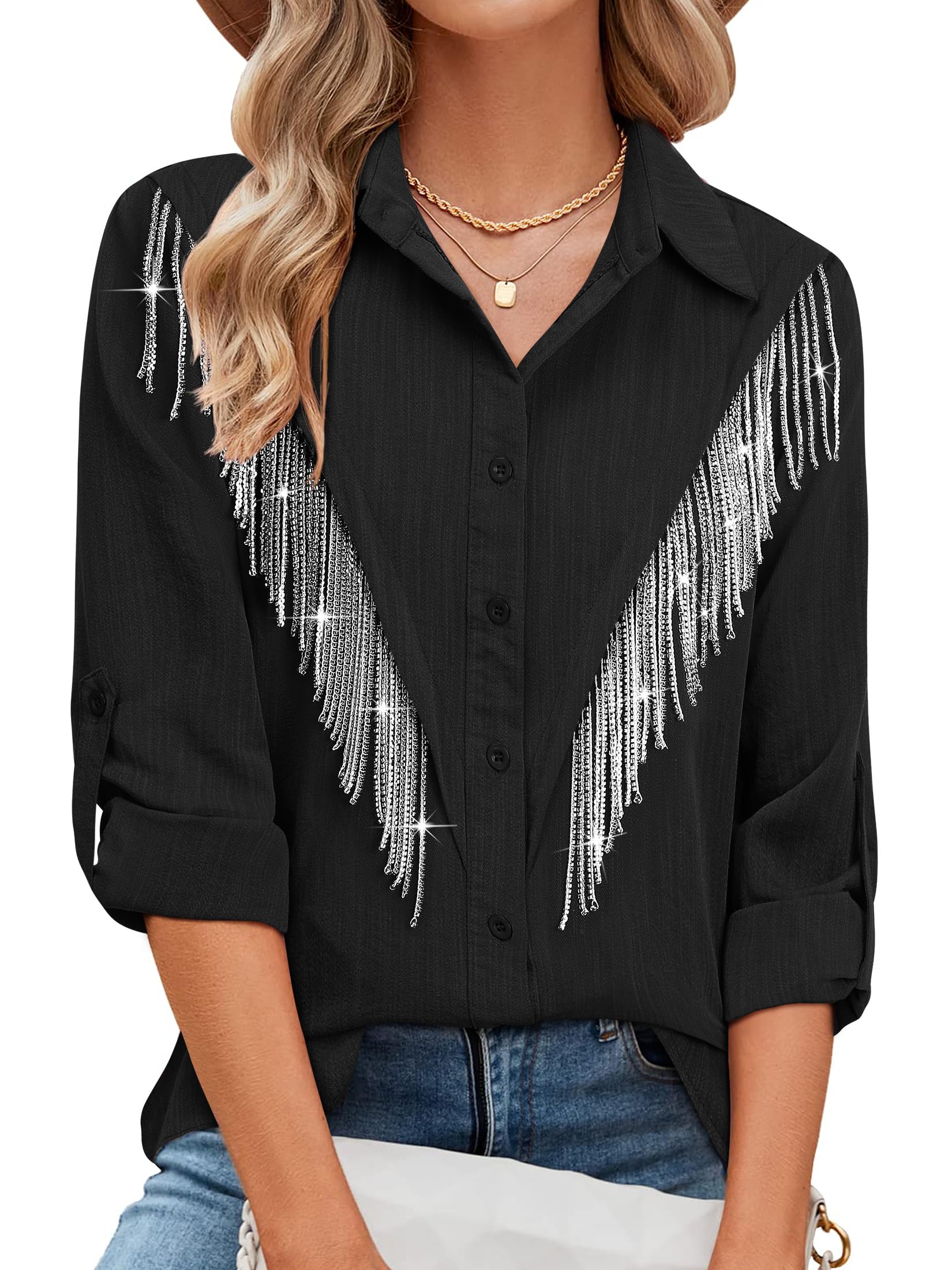MYMORE Womens Rhinestone Fringe Button Down Shirt Rolled 3/4 Sleeve Sparkly Top Concert Nashville Western Cowgirl Outfit, A_Black, M