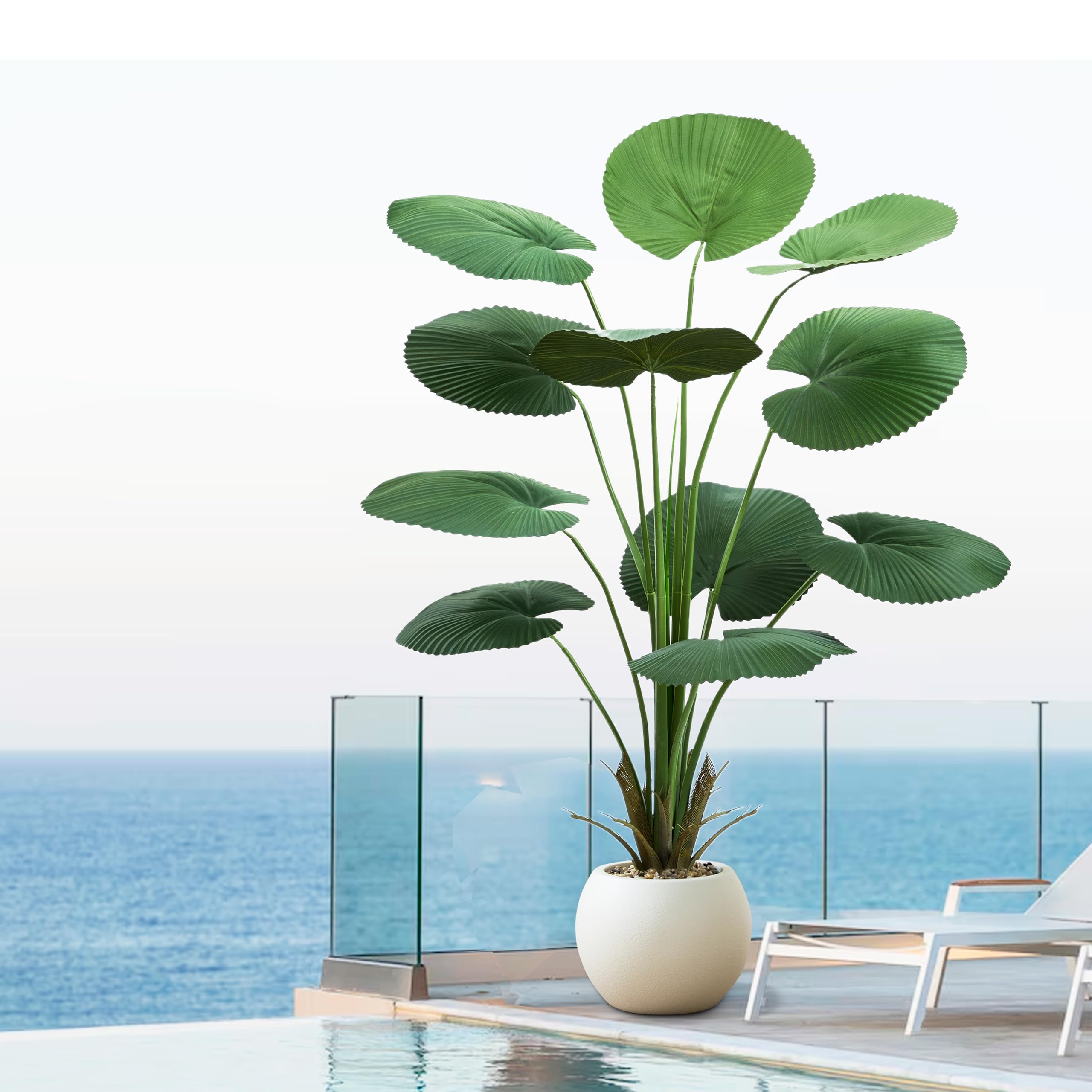 FSOHOI Artificial Fan Palm Tree 5FT Fake Tree Round Leaf Fake Palm Plant, Faux Tropical Areca Floor Plant with Planter, Artificial Silk Plants for