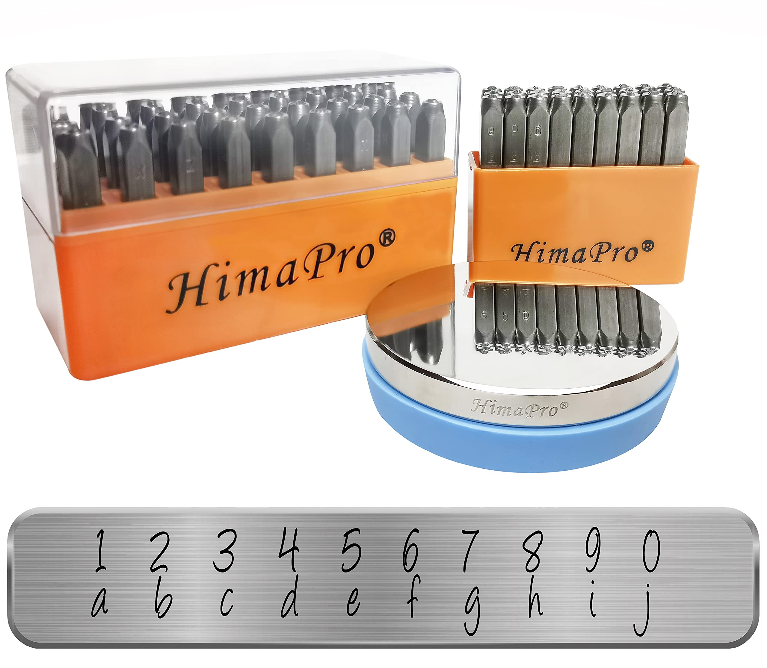 HimaPro Kit de sellos metálicos de 63 piezas de estilo artístico con números y letras ('A'-'Z', a'-'z', 0'-'9') con bloque de banco de acero sin rebote de 3 pulgadas