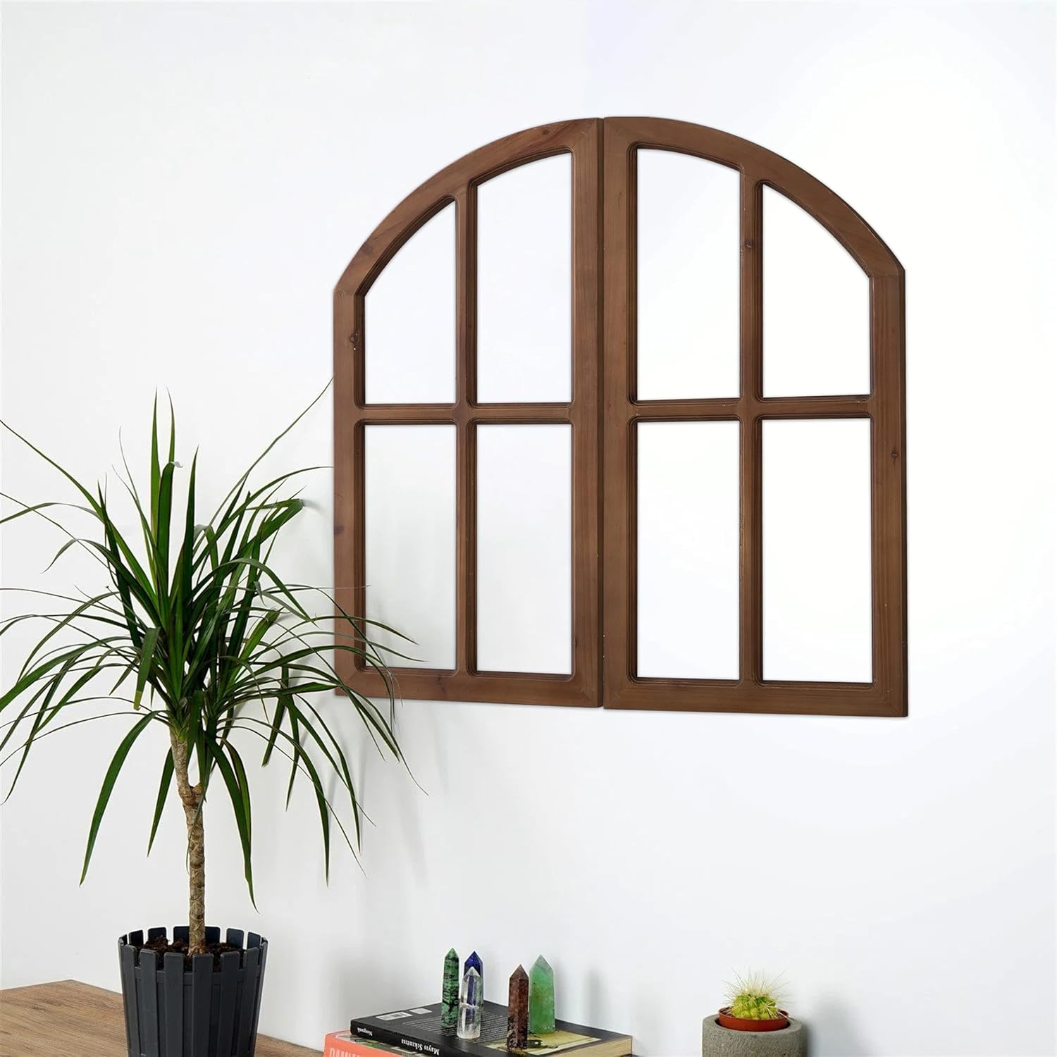 Sintosin Farmhouse Arched Window Frame Wall Decor 30 Inch Tall, Set of 2 Hanging Burning Finished Wooden Window Pane above Bed Wall Art, Rustic Home Decor for Living Room Fireplace Entryway Hallway