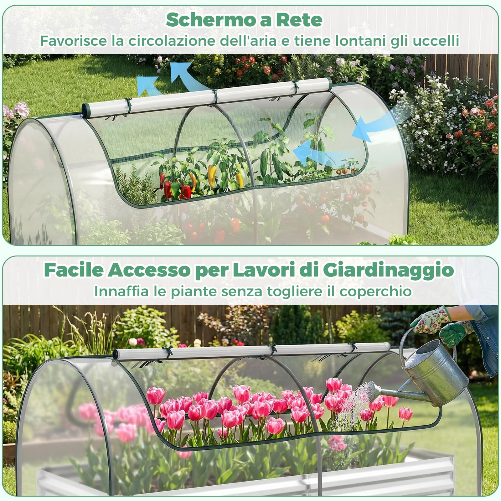 COSTWAY Orto Rialzato Zincato con Serra, Aiuola Senza Fondo con Copertura Trasparente, Fioriere con Finestre Avvolgibili per Giardino e Terrazzo (202 x 101 x 81 cm)