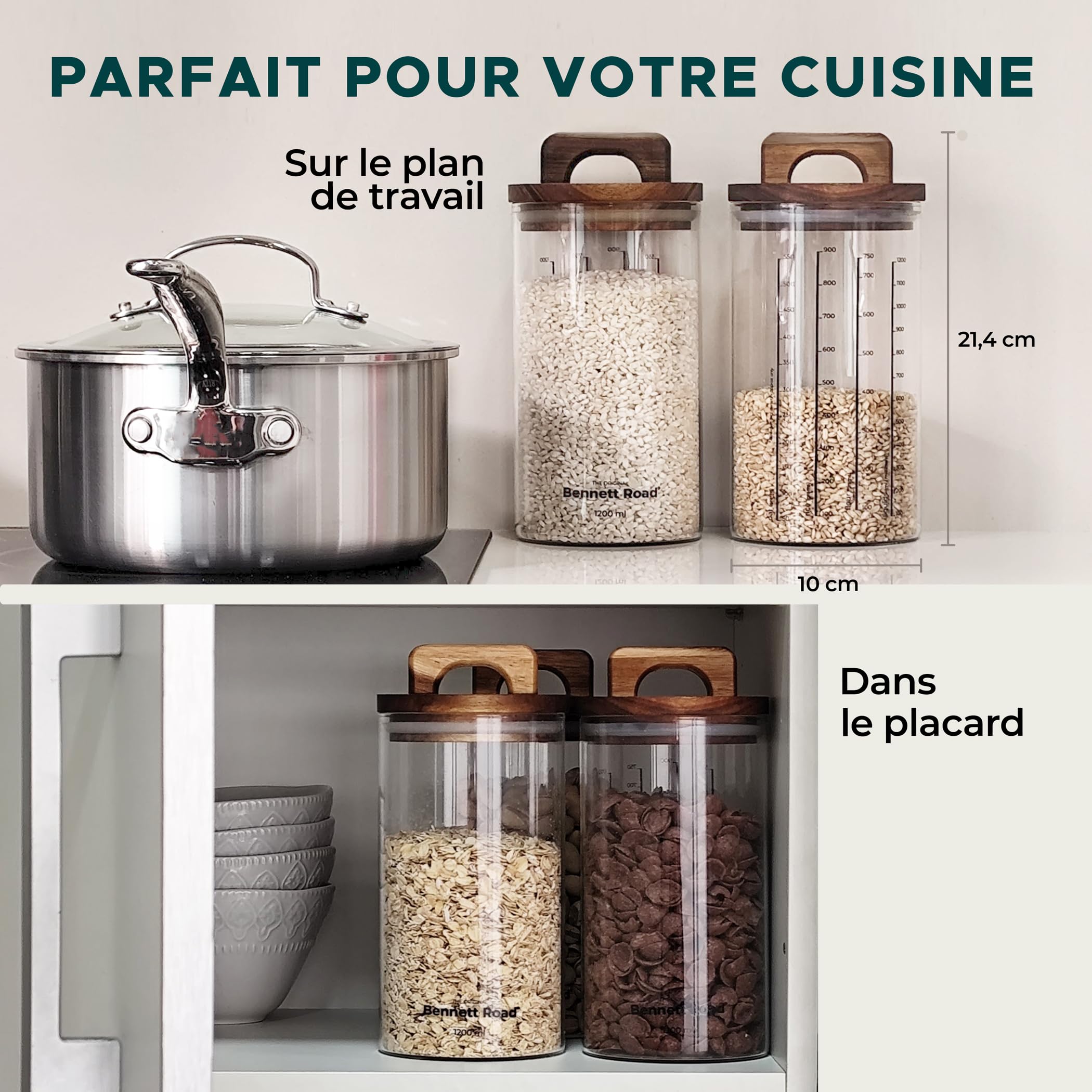 Glass Storage Containers, 4-Pack, 1.2L | Avec couvercles en bois d’acacia, idéales pour céréales, farine, riz, café et fruits secs, tout en gardant la fraîcheur