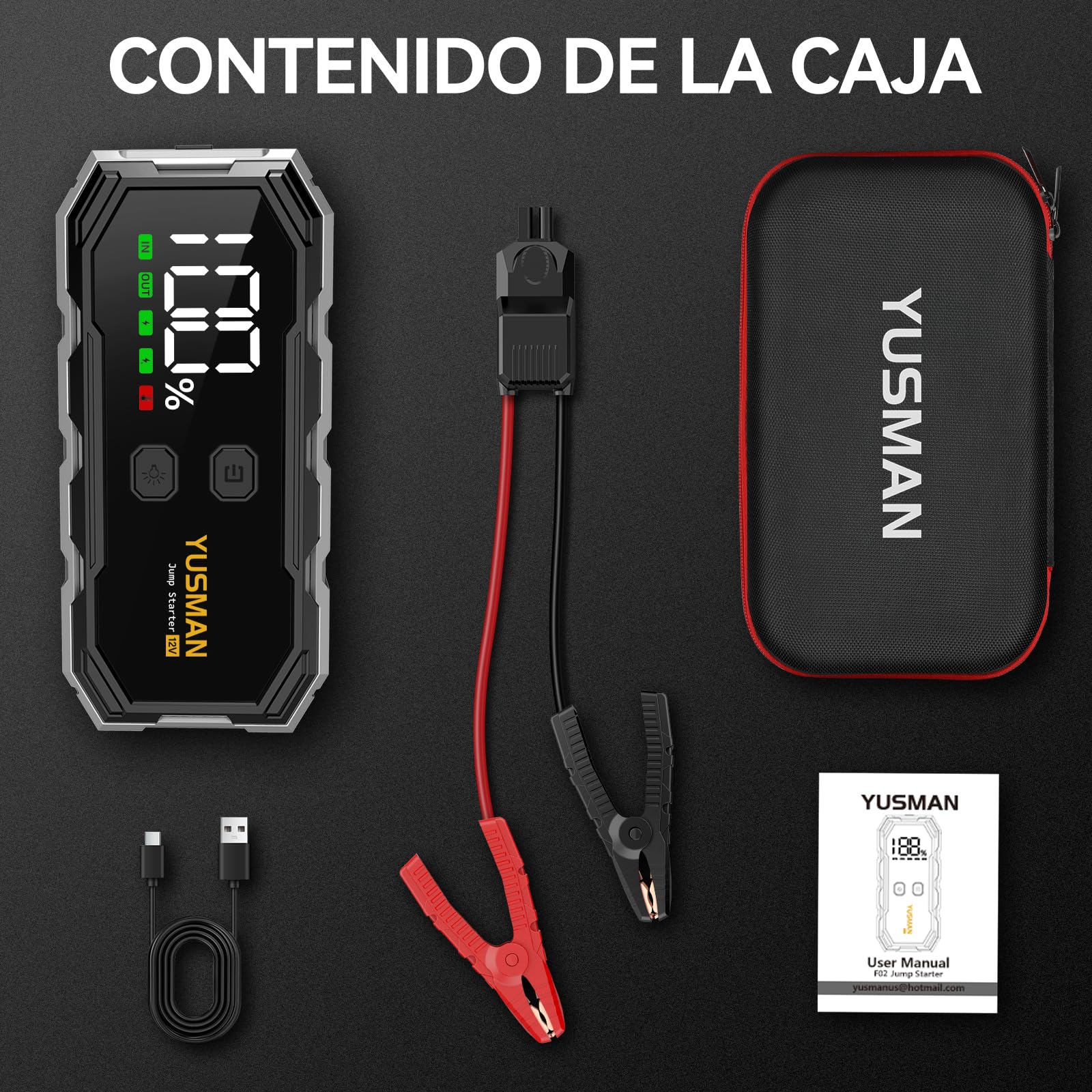 YUSMAN Arrancador de Coche, 9000A Arrancador de Baterias de Coche,12V Arrancador de Portátil con para All Gasolina o 10L Diesel, Linterna LED de Emergencia,Carga Rápida, Pantalla LCD Extragrande