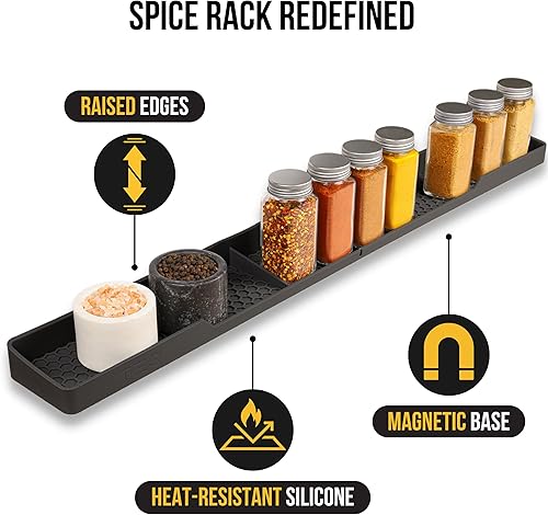 Miniatura 2 de TEO Estante magnético de silicona para estufa, color negro, 30 x 3.5 x 1.25 pulgadas, resistente al calor, organizador de especias de cocina,