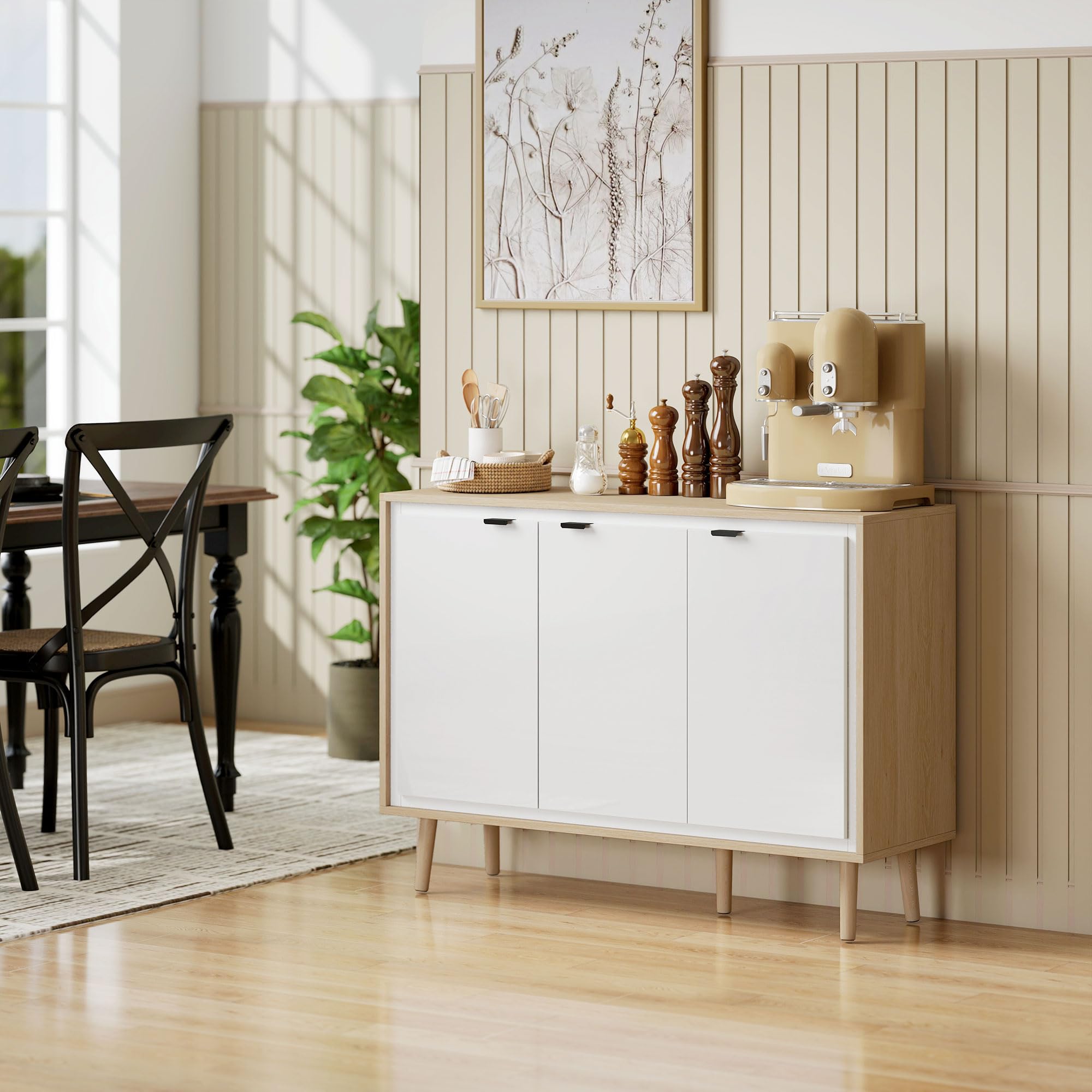 HOMCOM Credenza Cucina con 3 Ante, Mobile Cucina Moderno con Ripiano Regolabile e Piedi in Legno, Credenza Buffet per Soggiorno, Sala da Pranzo e Salotto, 107x35x77 cm, Bianco Lucido e Rovere