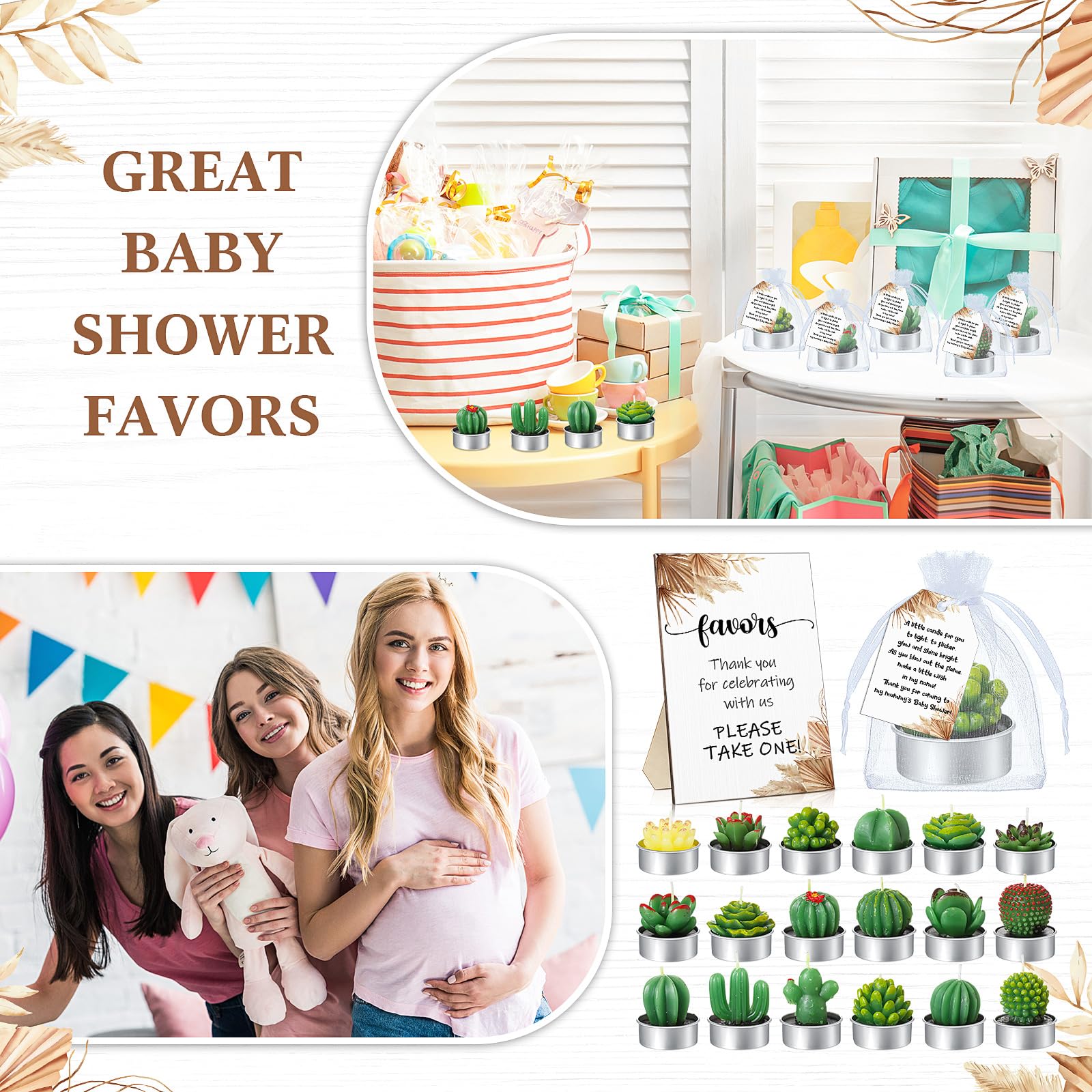 MTLEE Set di 36 candele a forma di cactus succulente, bomboniere per baby shower, per gli ospiti, include 36 candele tealight per piante, 36 etichette di ringraziamento, 36 sacchetti di organza,