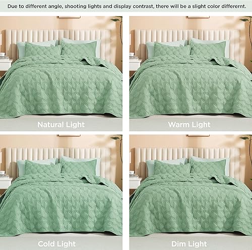 Miniatura 5 de Litanika Juego de colcha extragrande de color verde salvia de 128 x 120 pulgadas, colcha ligera de verano, funda de cama bohemia de granja para