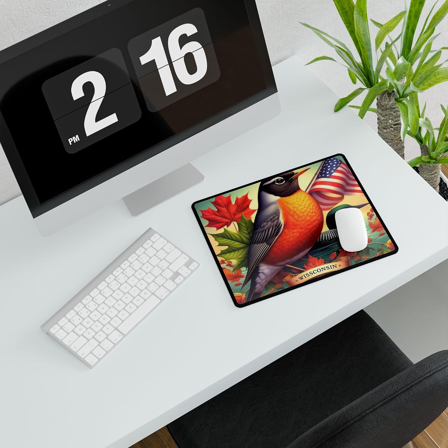 Vibrant Wisconsin Symbols Desk Mat - American Robin, Sugar Maple, Common Loon - Premium Quality Mat Made in The USA