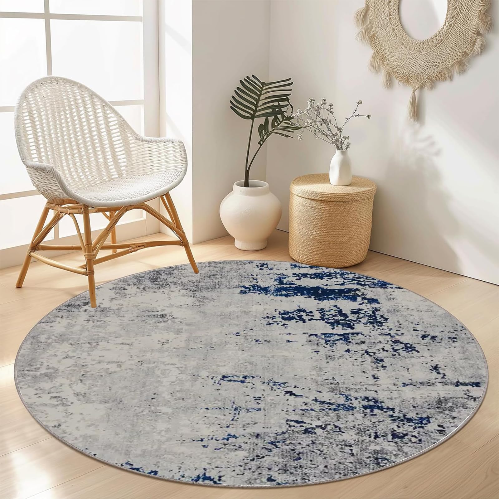 Tapis rond antidérapant lavable en machine de 137 cm avec texture vintage ultra douce