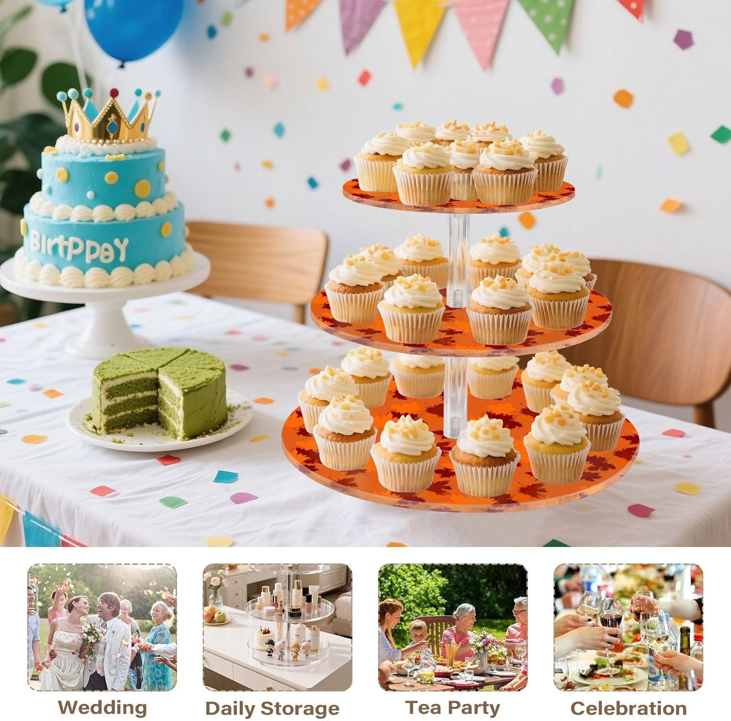 Autumn Fall Maple Leaves Thanksgiving 3 Tier Acrylic Cupcake Stand, Cupcake Stand for 34 Cupcakes for Weddings, Christmas,Holidays,Parties,Birthday,Printed Cupcake Tower 23301088