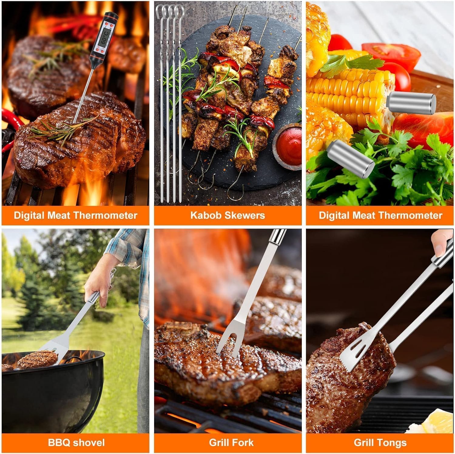 Juego de 25 utensilios para barbacoa, juego de accesorios para parrilla de acero inoxidable, kit para cocinar de camping y cocina, con bolsa, utensilios de barbacoa portátiles, regalo para hombre y