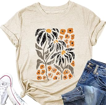 Womens T-Shirt Retro Flower Pattern Shirt Bohemian Short Sleeve T-Shirt Dandelion Wildflower Shirt Summer Casual Top