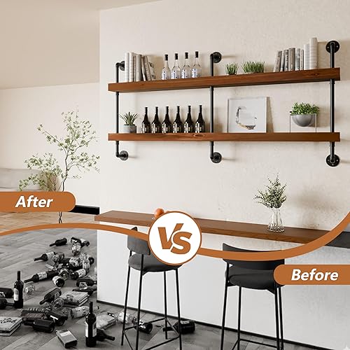 Miniatura 4 de Estante industrial para vino montado en la pared, estante de madera maciza con soportes de tubo de metal, organizador colgante rústico de 2 niveles