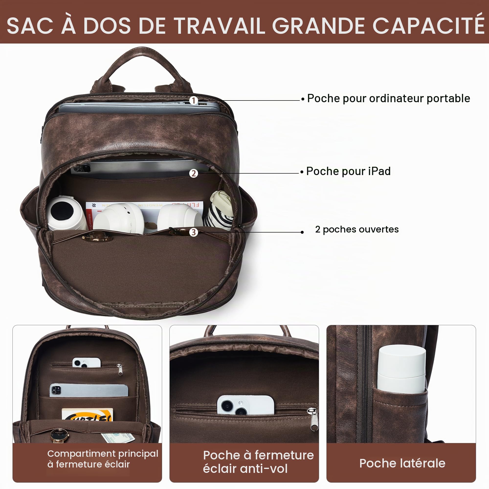 Sac à dos pour ordinateur portable pour femme 15,6 pouces en cuir tendance pour voyage, université, travail