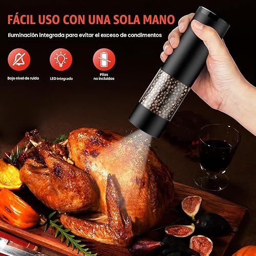 Miniatura 2 de Juego de molinillo eléctrico de sal y pimienta, batería automática, molinillo de pimienta, grosor ajustable, fácil de llenar, capacidad mejorada