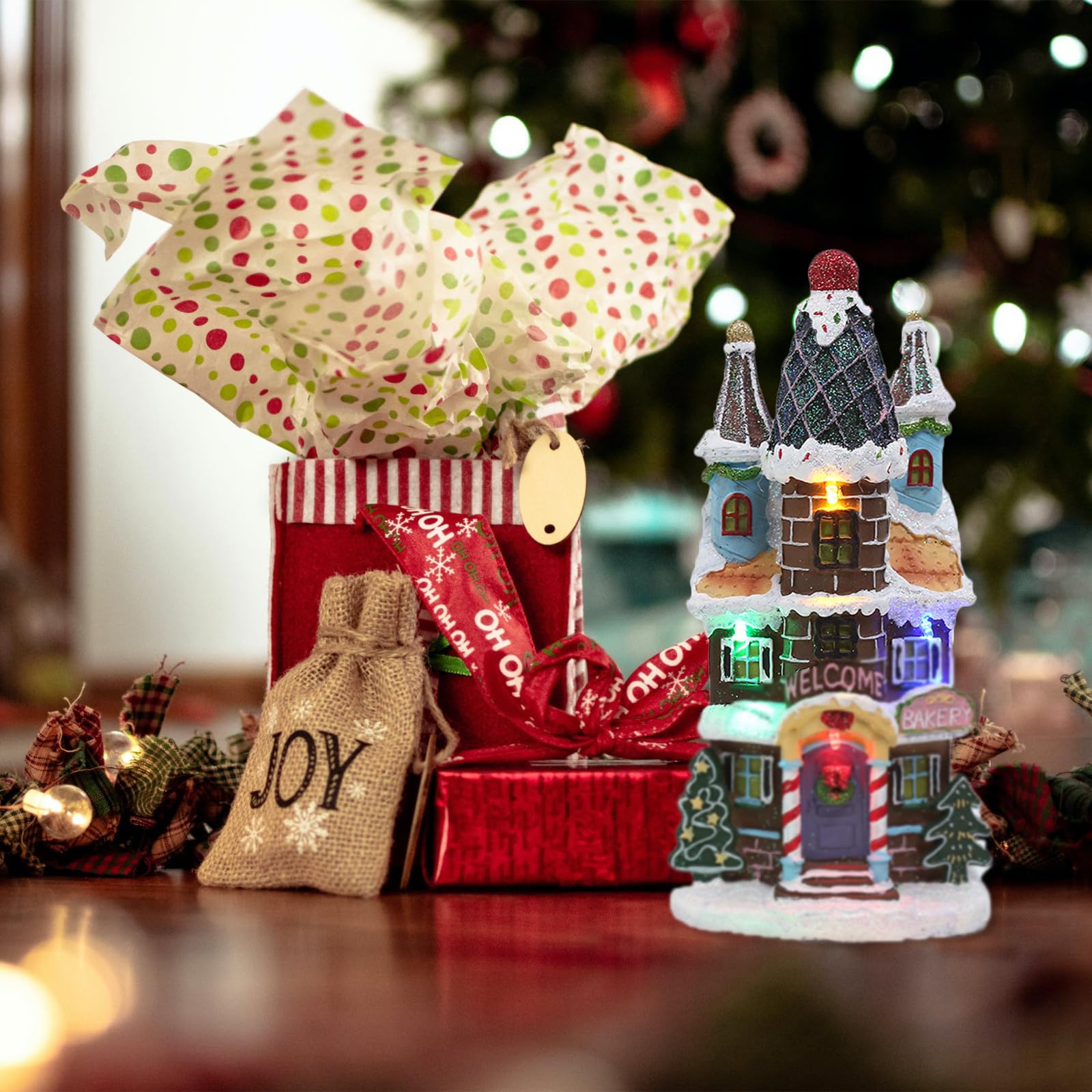 DOITOOL Adorno Navideño de Resina Luminosa Luz LED para Fiestas y Bodas, Casa de Navidad Ligera y Decorativa para Invierno