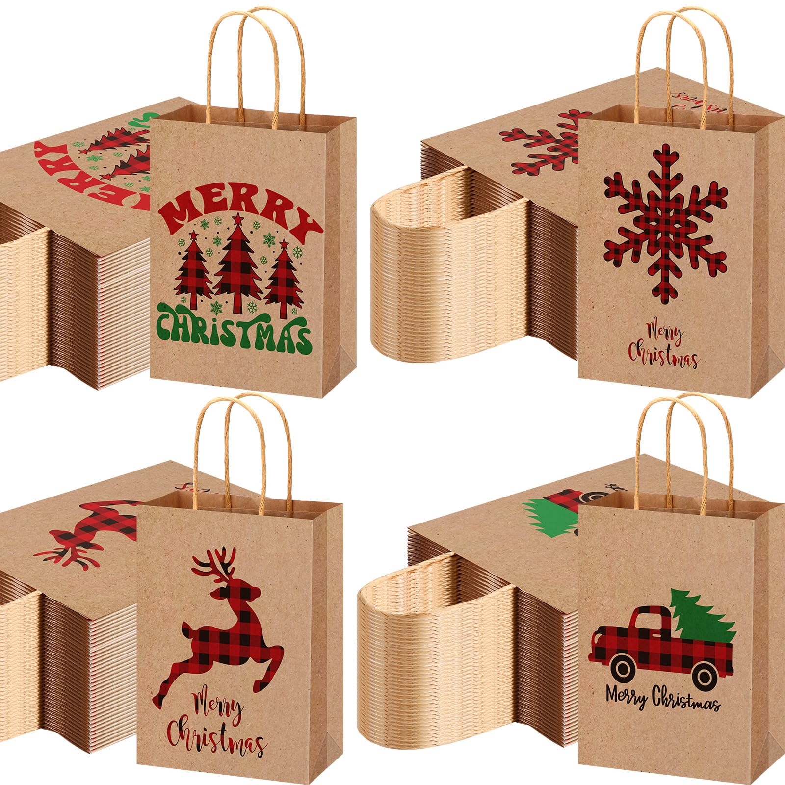 Yeaqee 100 Pcs Christmas Kraft Gift Bags Bulk Xmas Holiday Paper Gift Bags with Handle Plaid Candy Treat Party Favor Bag for Christmas New Year