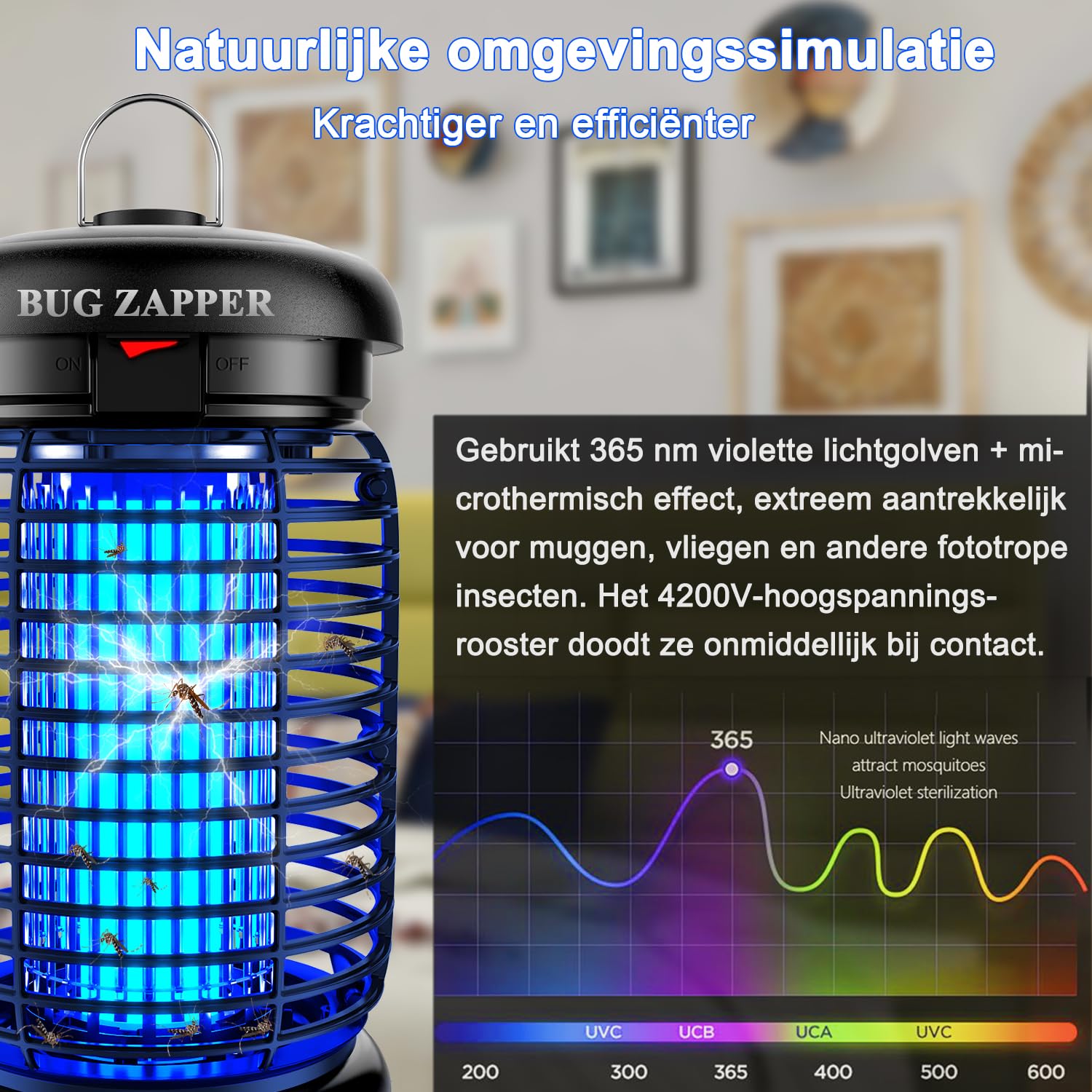WUEAOA Insektenvernichter elektrisch LED-Beleuchtung, 4200V 15W UV Mückenlampe, Fliegenfalle elektrisch mückenfalle für Innen Außen, IPX4, Anti Mücken, Fliegen, Motten