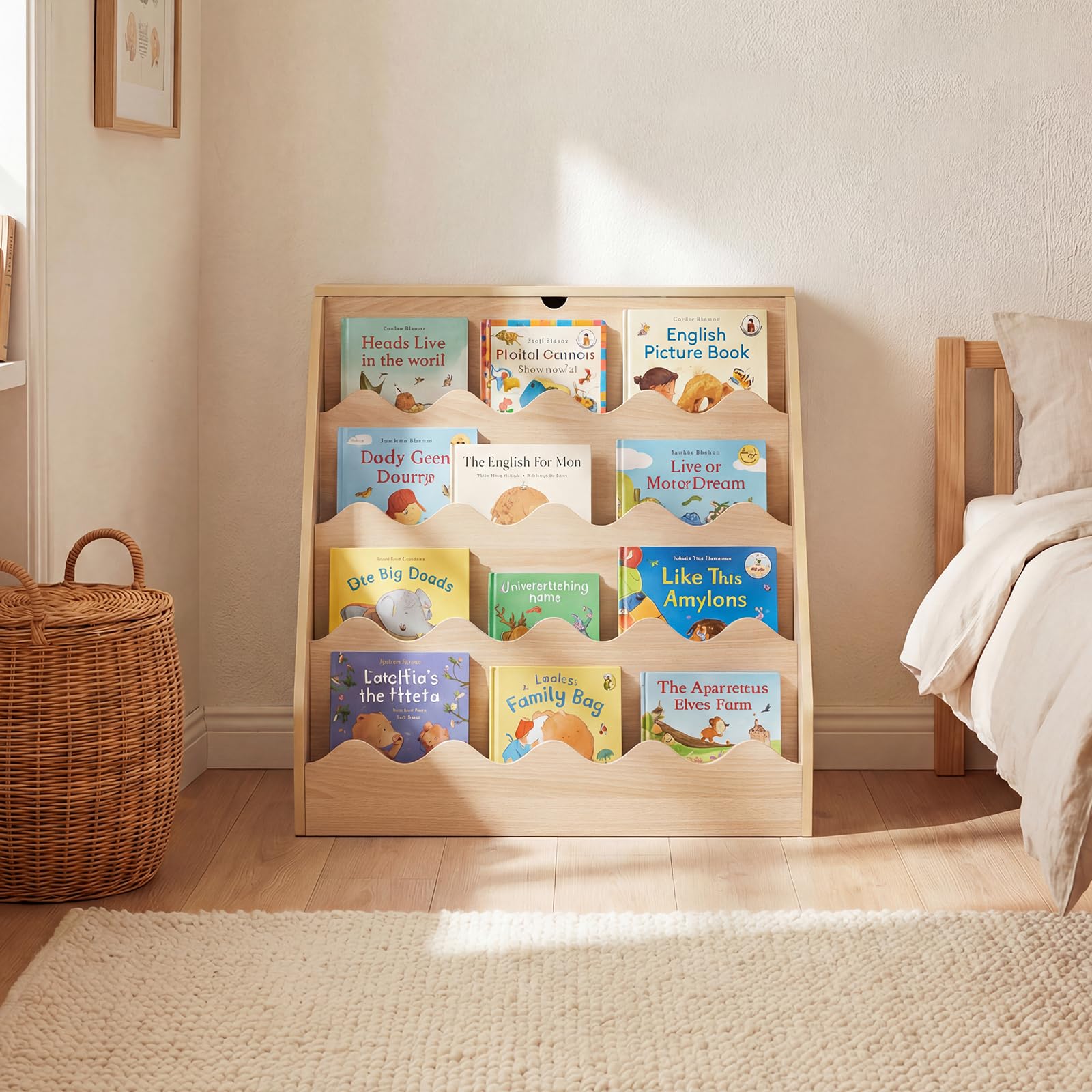 COSTWAY Libreria Montessoriana per Bambini 2in1, Scaffale per Libri a 4 Livelli con Carrello Portagiochi, Vano con Coperchio Ribaltabile, per Cameretta e Stanza dei Giochi, 63x49x61,5 cm (Naturale)
