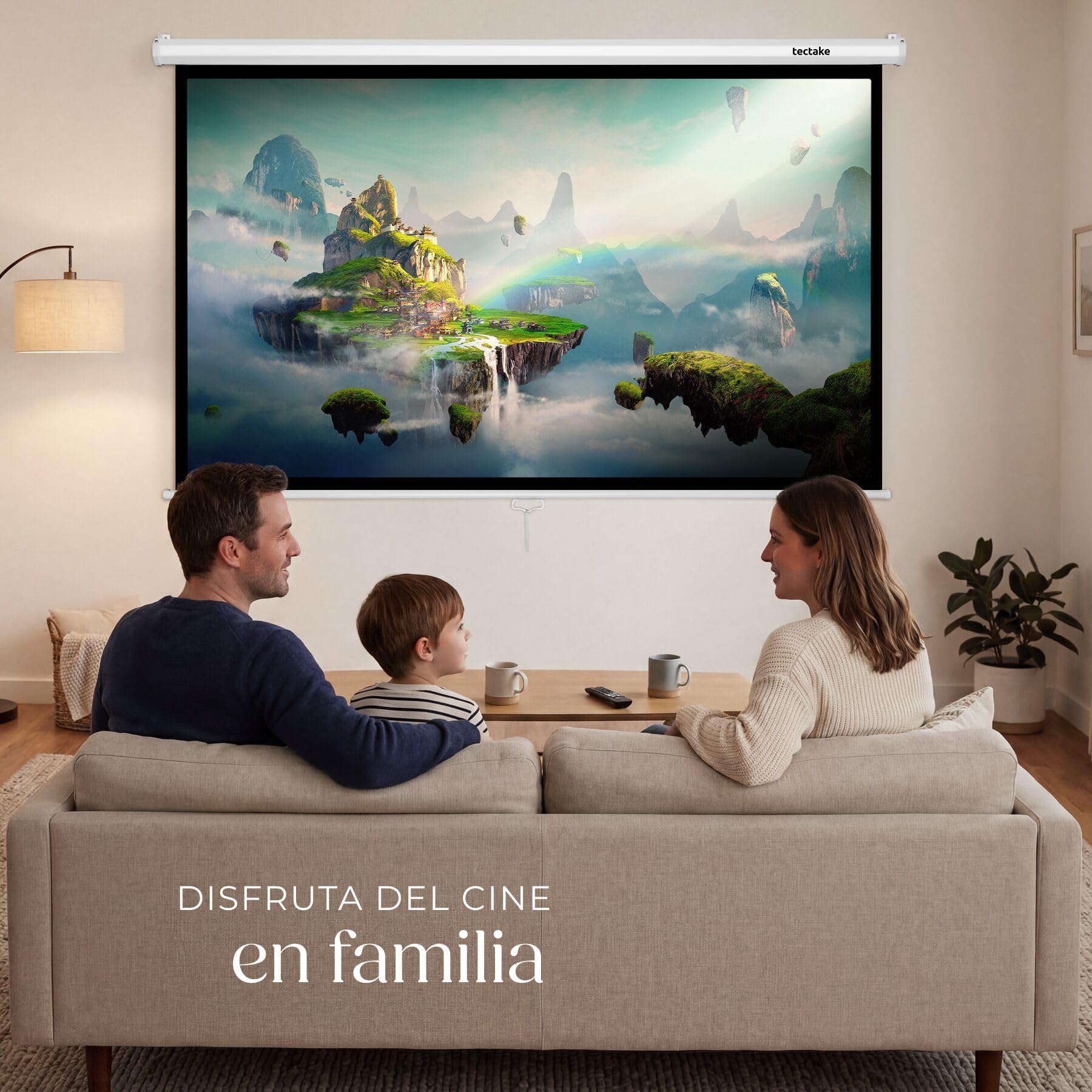 tectake® Pantalla Proyector Enrollable 84 Pulgadas16:9 para Instalación en Pared o Techo, Pantalla para Proyector HD, Tela Proyector Extensible y Lavable - 201 x 128 cm