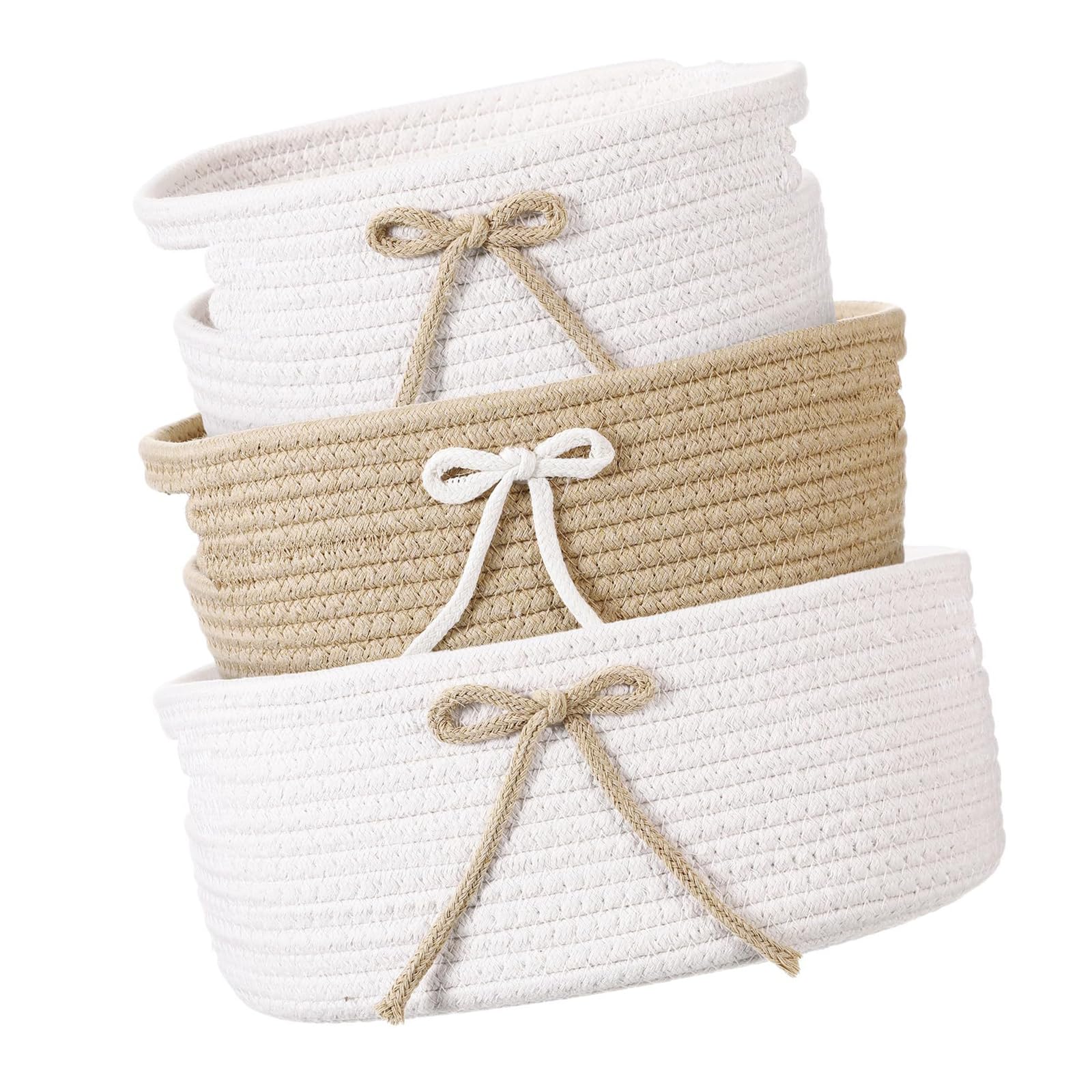 yanzunlrn Of 3 Cotton Bowknot Trimmed Storage Container with Handle Stackable Organizers Box for Household Items Interlaced Storage Basket