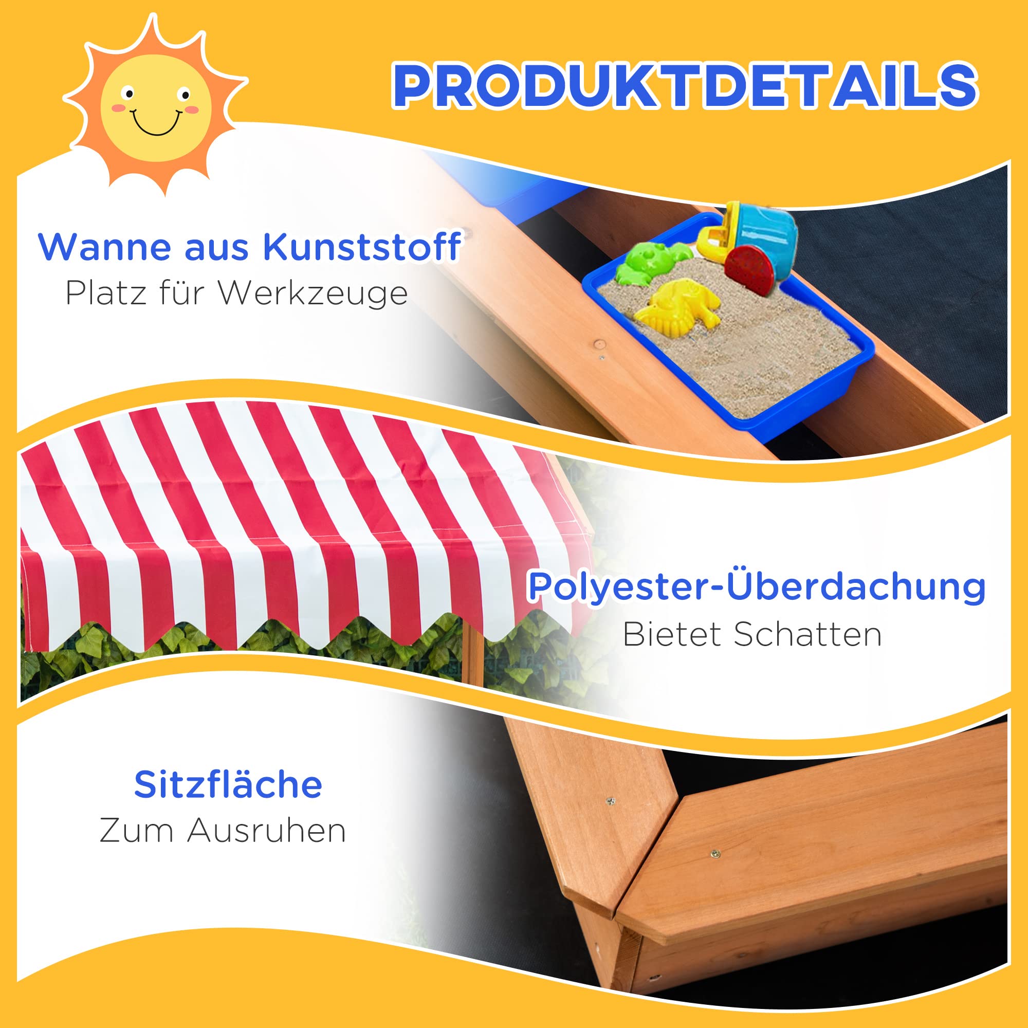 Outsunny Sandkasten 107,5 x 107,5 cm Mit Höhenverstellbarer Abdeckung | Kinder Sandbox, Sandkiste Aus Holz, Für Kinder 3-7 Jahre, Garten Terrasse Balkon