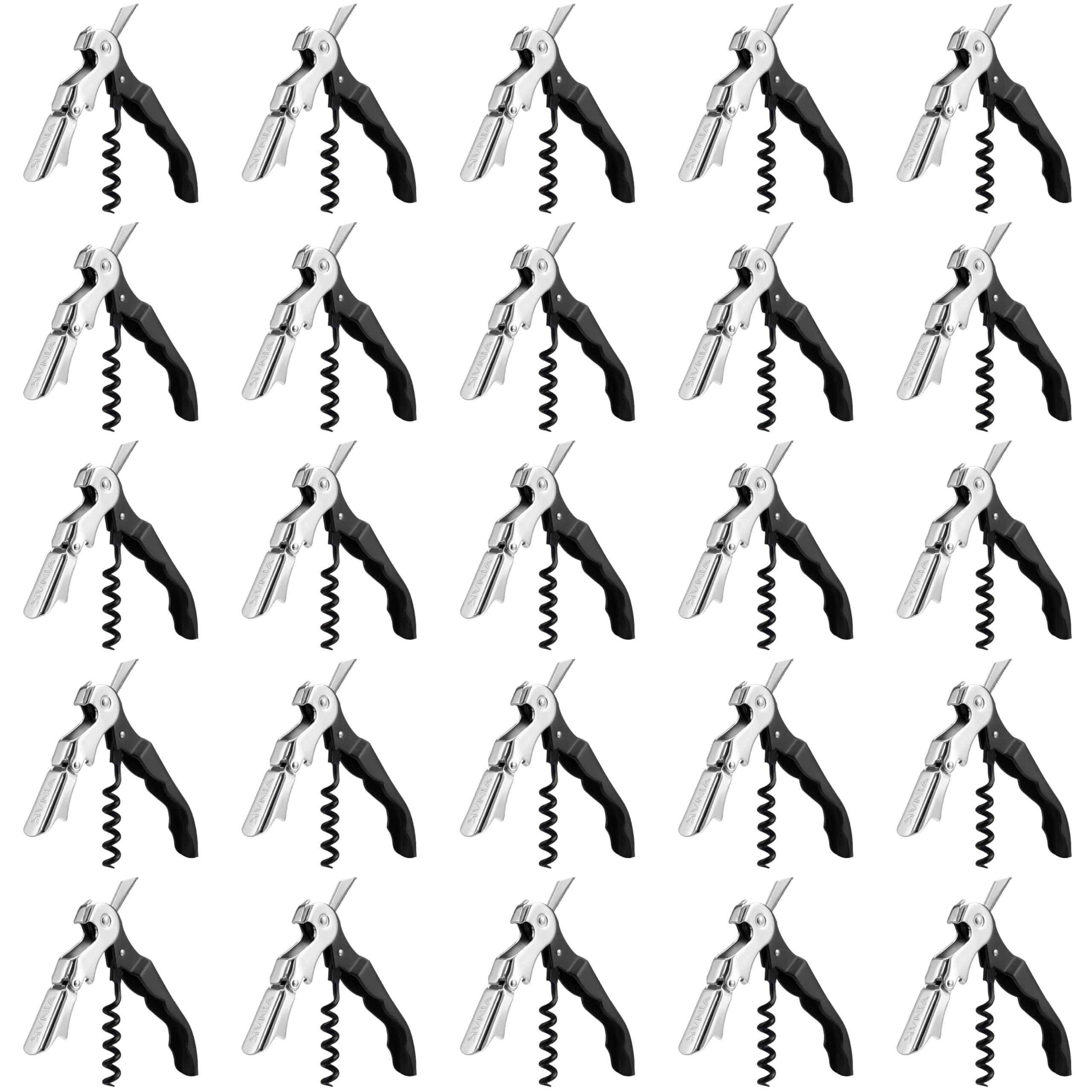 VINAK - Pack de 25 Sacacorchos Camarero Profesional Negro | Acero Inoxidable 1,5 mm | Doble Apoyo Articulado | Espiral Teflonada Antiadherente | Navaja Cortacápsulas y Abrebotellas | Uso Hostelería