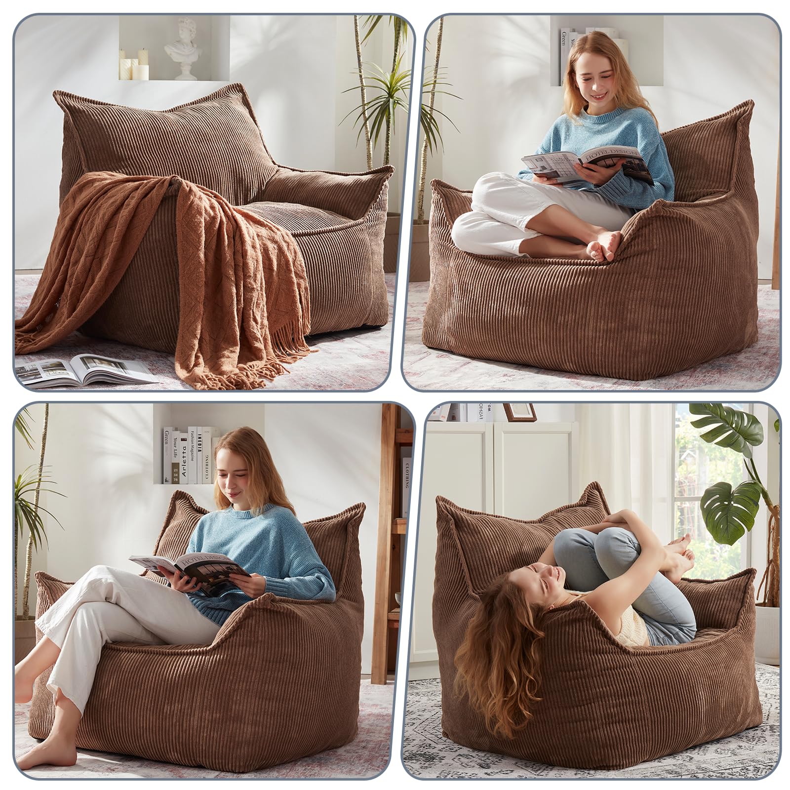 Giant Bean Bag Chair Sofa for Adults Teens, Comfy Corduroy Large Bean Bag Chairs with Armrests for Bedroom Living Room, Adult BeanBag Lazy Sofa Couch Chairs with Filler Included