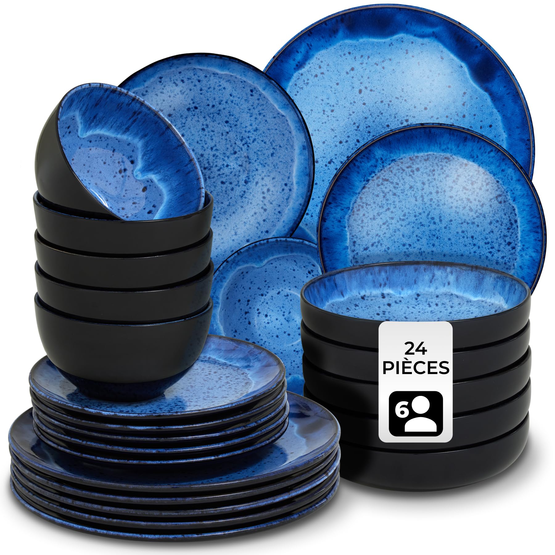 tectake® Service de table 24 pièces pour 6 personnes, Petites et Grandes Assiettes, Assiette creuse, Bols, Service vaisselle en faience, Vaisselle et Arts de la table, Set assiette et Bol, Bleu