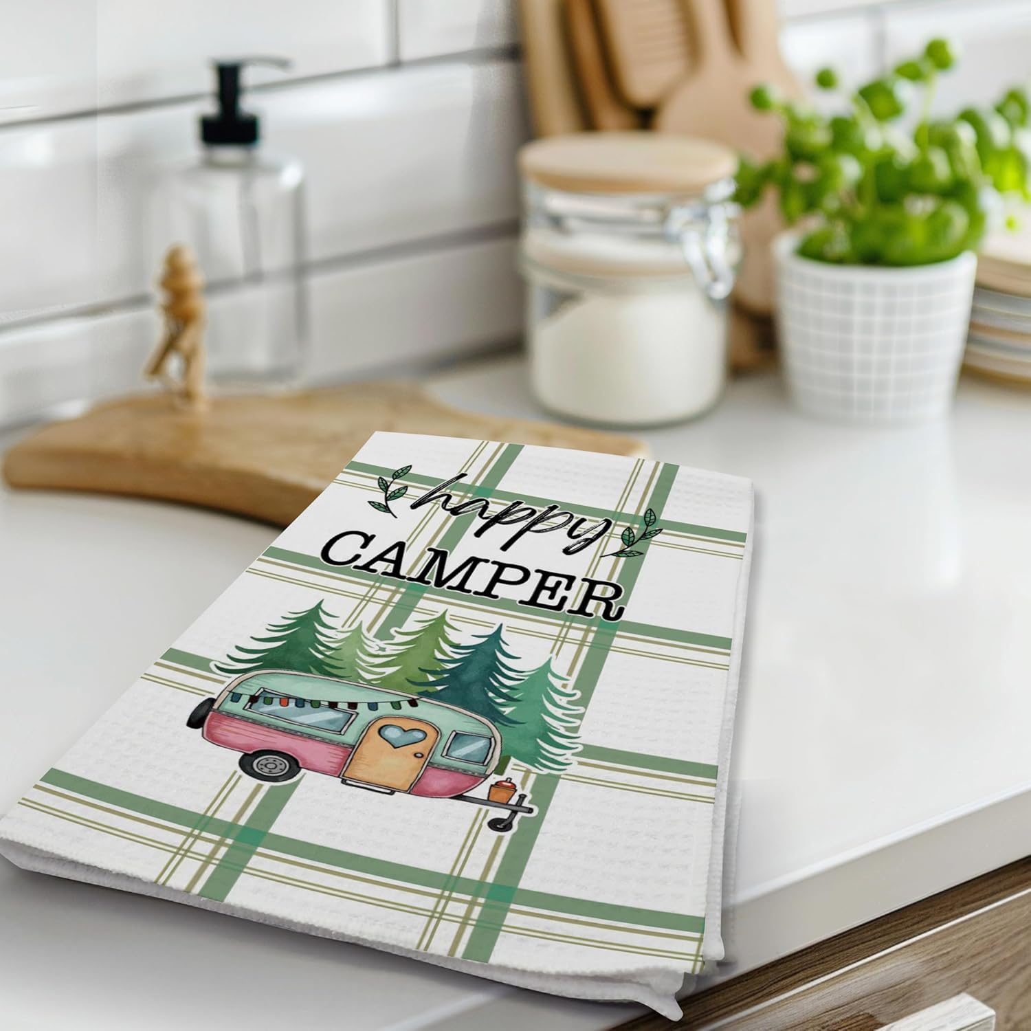 DETIHO 2 Pieces Camping Kitchen Towels, Funny Campings Lover Gifts, Cute Camping Accessories for Rv Campers, Camping Decor, Happy Camper Dish Kitchen Towel (A17) - Image 4