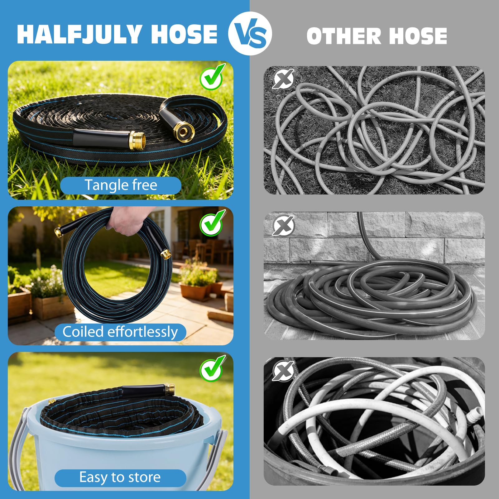 Halfjuly Tubo da giardino da 6,5 m, tubo piatto non espandibile, leggero, durevole, flessibile, resistente, design senza pieghe, con raccordi da 1,9 cm, ugello spray a 10 vie, per giardino e prato