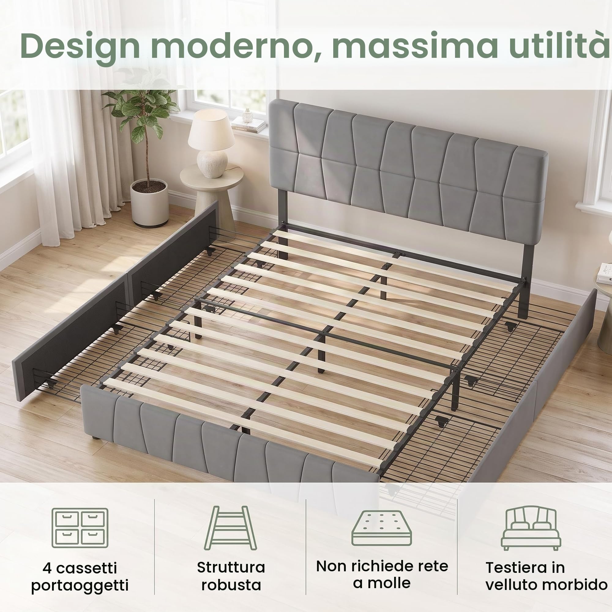 Letto Imbottito 160x200,Letto Matrimoniale con 4 Cassetti letto Matrimoniale Imbottito con contenitore Letti con Usb e Luce Led Letti Contenitore (grigio, velluto B, 160 x 200 cm)