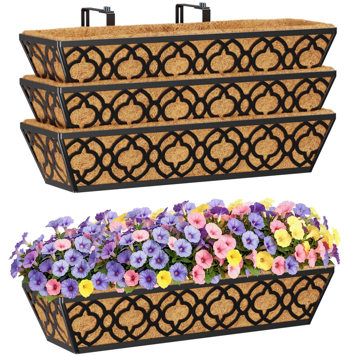 Hfhome Flower 4P-Type 4Pcs 60.9Cm/24In Railing Planter Box, Metal Wall Trough Rail Planters With Coco Liner And Adjustable Brackets, Gardening Kit For Window Box Porch Balcony Fences