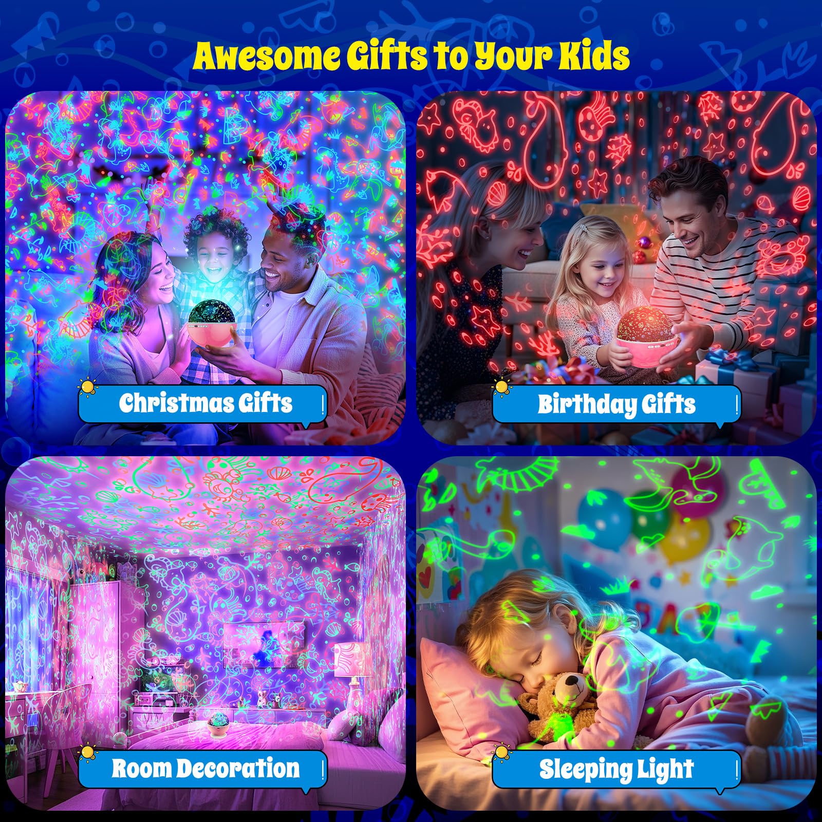 Luz nocturna de estrella para niños, proyector de estrellas de nebulosa, rotación de 360 grados, 4 bombillas LED, 18 luces que cambian de color con cable USB, regalos románticos para