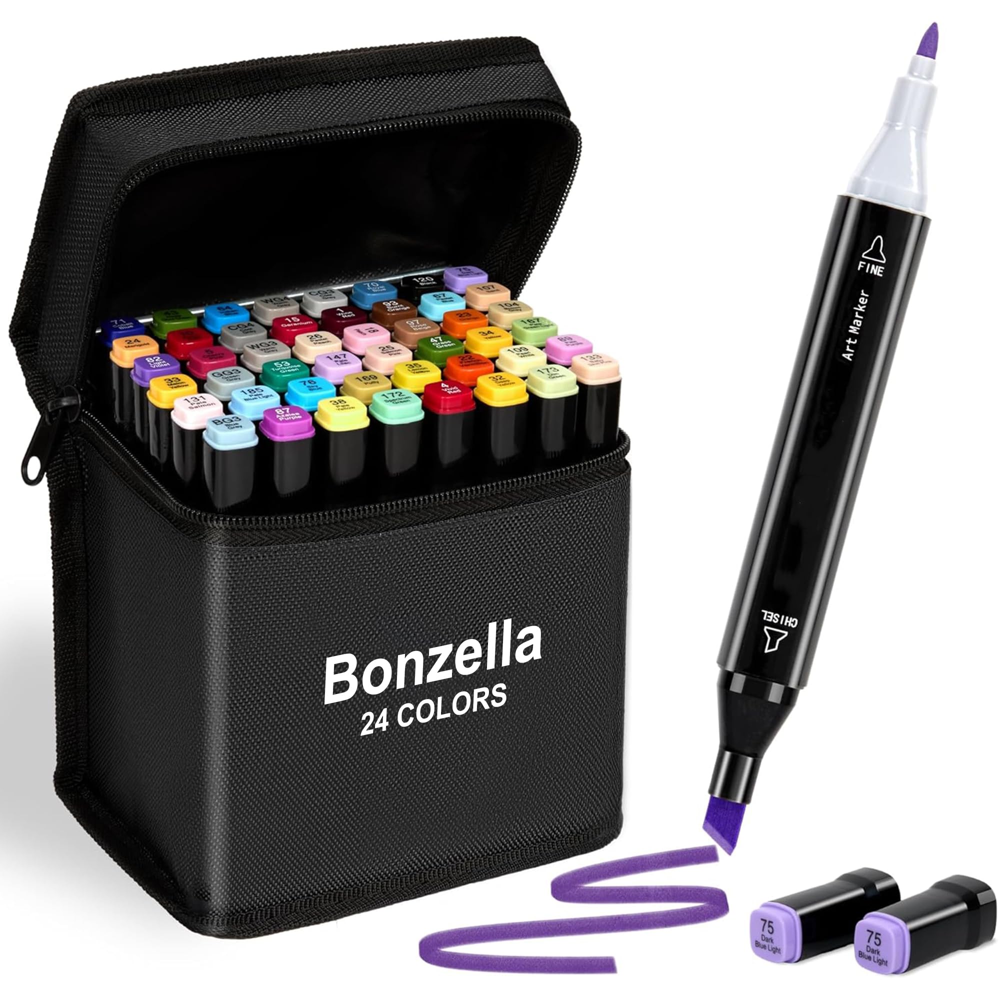 BONZELLA 24 Colors Dual Tip Alcohol Art Markers Sketch Pens with Case For Painting Sketching Calligraphy Drawing, Chisel & Fine Tip Permanent Colouring Marker For Kids Adult, Multicolor (24 Colors)