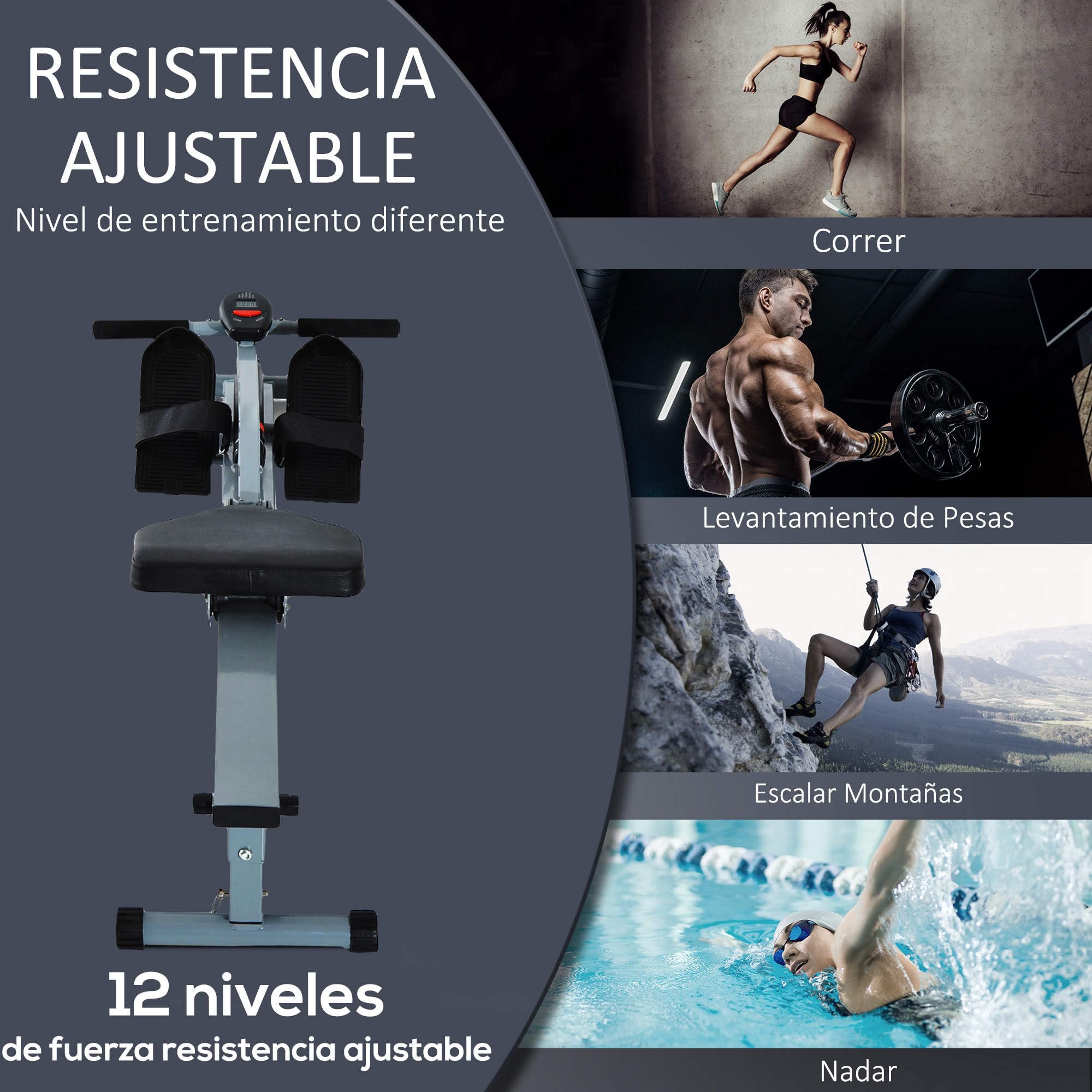 HOMCOM Máquina de Remo Resistencia Ajustable de 12 Niveles con Pantalla LCD para Fitness y Ejercicios de Musculación para Gimnasio en casa Equipo de Entrenamiento Interior