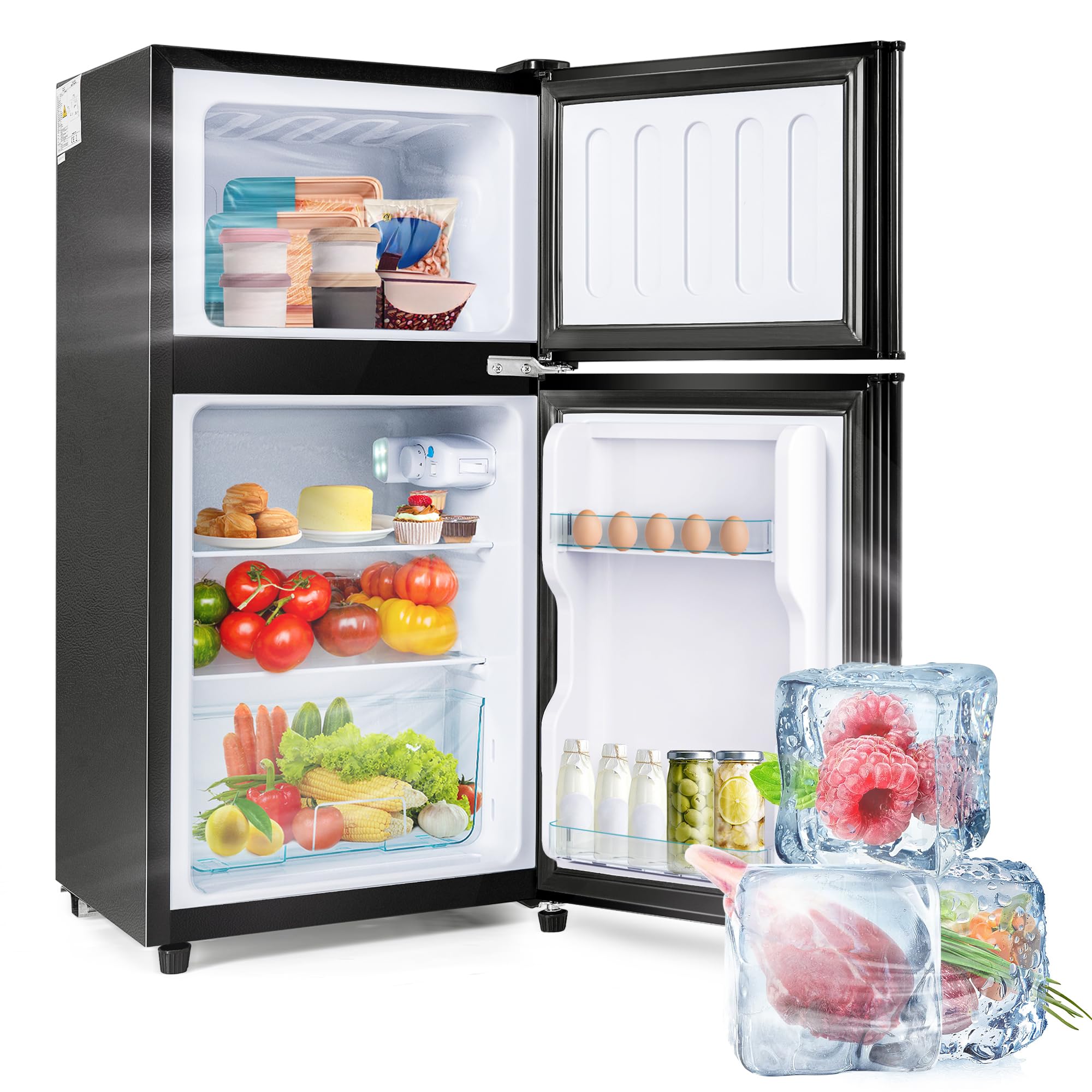 Kompaktowa lodówka z zamrażarką 60L, mała dwudrzwiowa wolnostojąca 86x45cm, chłodziarka 38L + zamrażarka 22L, klasa E 102 kWh/rok, -27°C do 13°C, 45 dB, LED, czarna elegancka