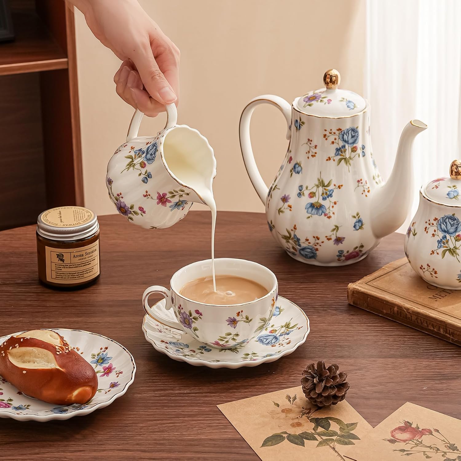 Ceramic Sugar and Creamer Set, 3 Piece Set with Cream Pitcher, Sugar Bowl, Spoon (Multicolor Floral) image 3