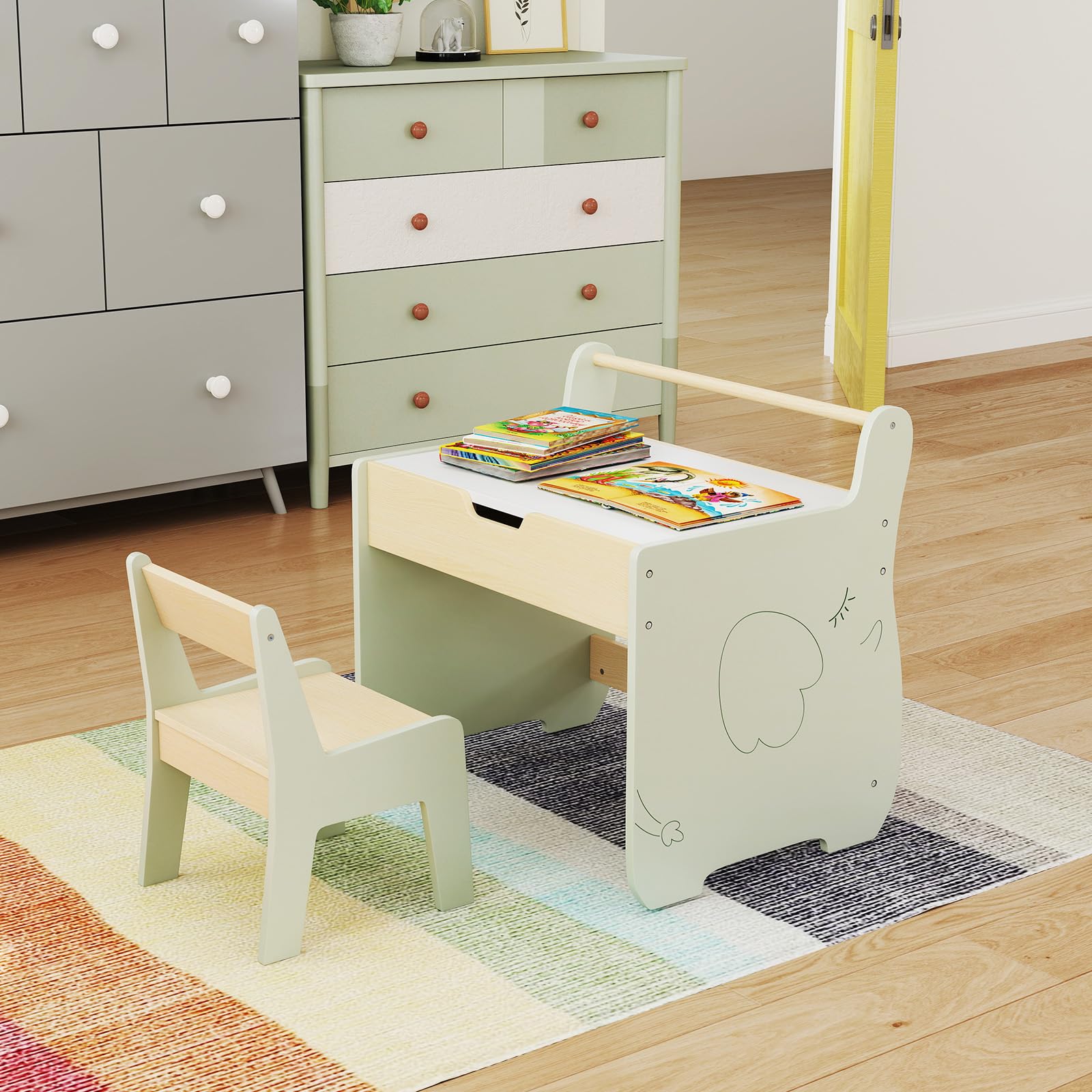 GOPLUS Table Enfant avec Chaise, 3 en 1 Bureau Enfant en Bois avec Rangement, Tableau Reversible Blanc/Noir, Porte-Rouleau de Papier, Petite Table d'Activités pour Dessiner Manger Etudier (Vert)