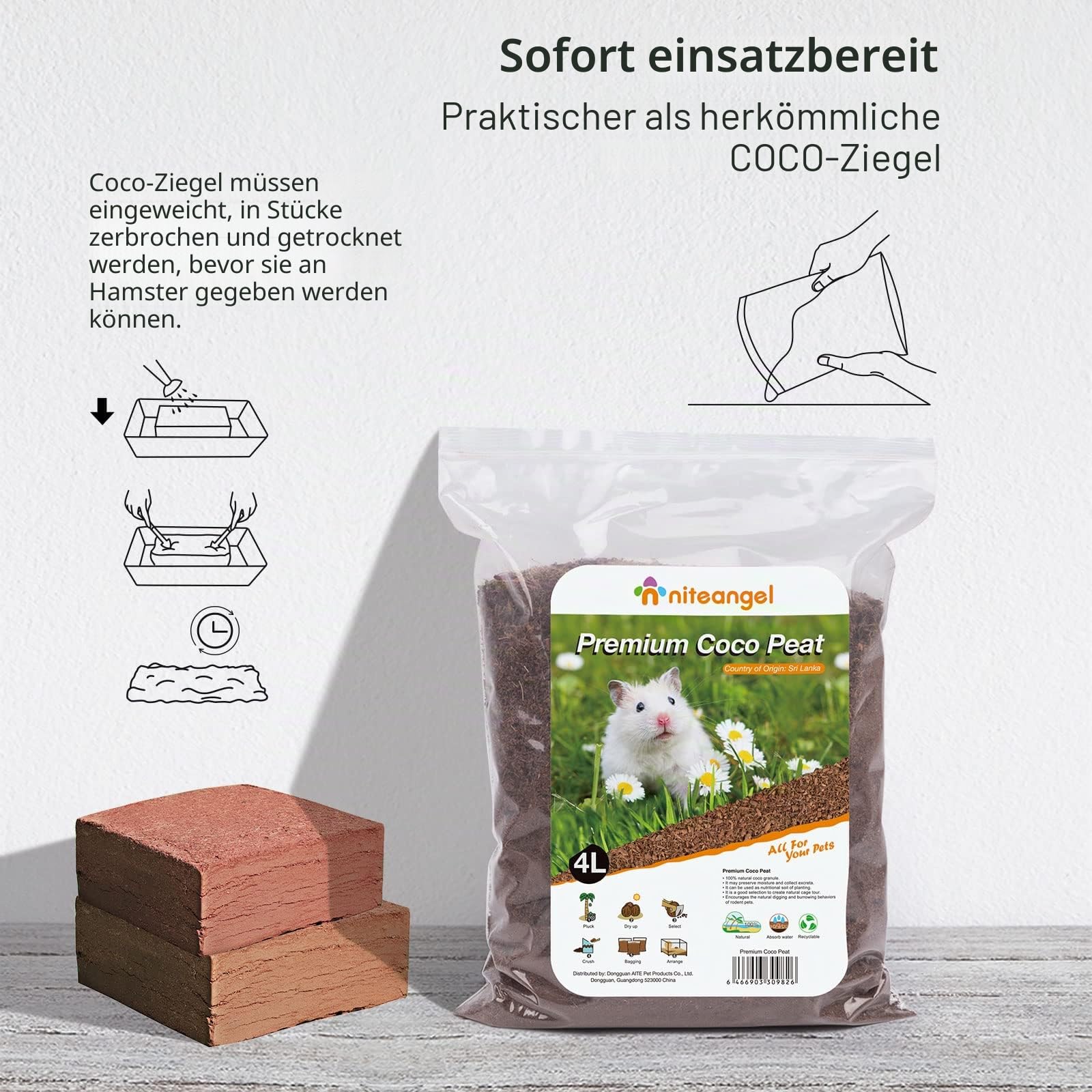 Niteangel Natürliches Kokosnuss-Hamster-Einstreu und Haustierstreu für Zwerghamster, Gerbils, Mäuse, Degus oder andere kleine Tiere (Kokosnusserde)
