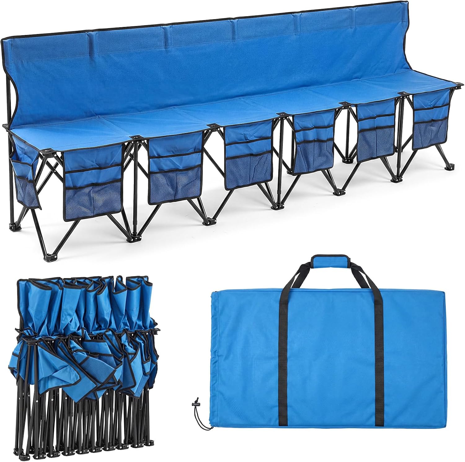 Wonderjune Folding Soccer Bench Portable Sports Team Bench with Pockets and Carrying Bag for Sports Team Outdoor Camp Travel Soccer Practice (Black,4 Seat)